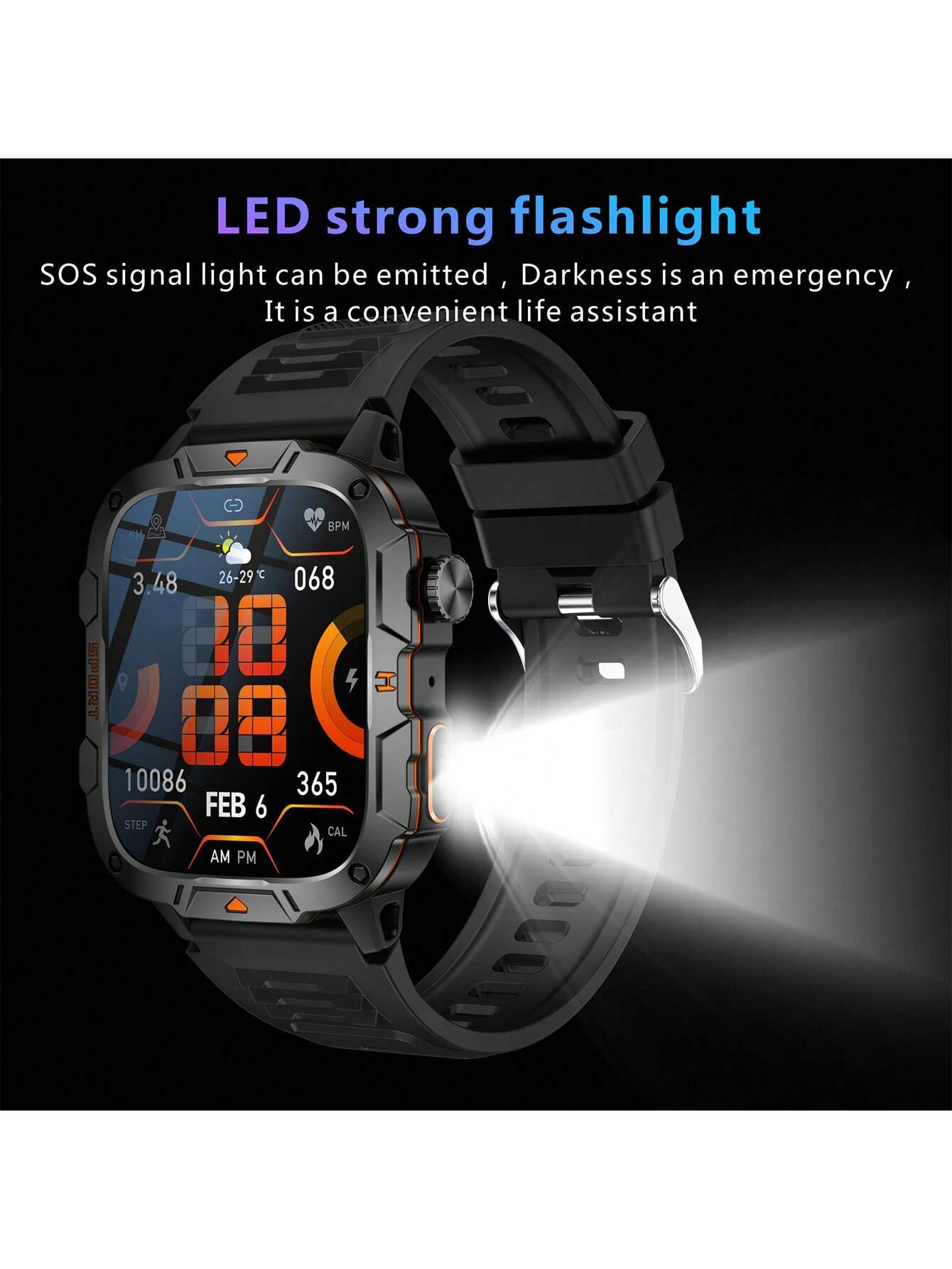 GUHUAVMI 2025 New Military Grade Outdoor Sports Smartwatch For Men, 1.96inch(4.98cm) HD Full Screen Touch, With Bluetooth Call, SOS, Push Message, Strong LED Flashlight Smart Watch, 420mAh Long Battery Life, Multi-Sports Mode
