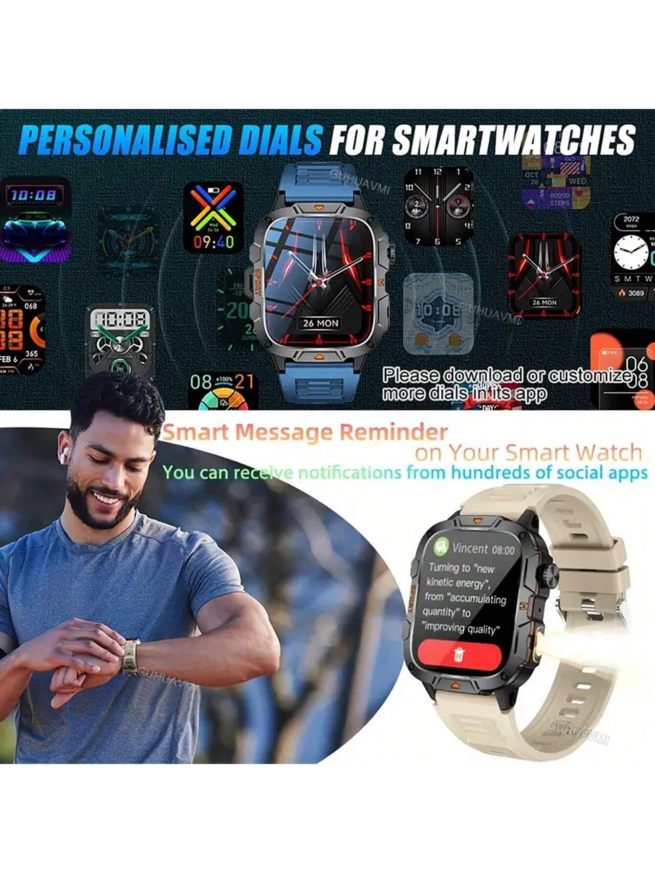 GUHUAVMI 2025 New Military Grade Outdoor Sports Smartwatch For Men, 1.96inch(4.98cm) HD Full Screen Touch, With Bluetooth Call, SOS, Push Message, Strong LED Flashlight Smart Watch, 420mAh Long Battery Life, Multi-Sports Mode