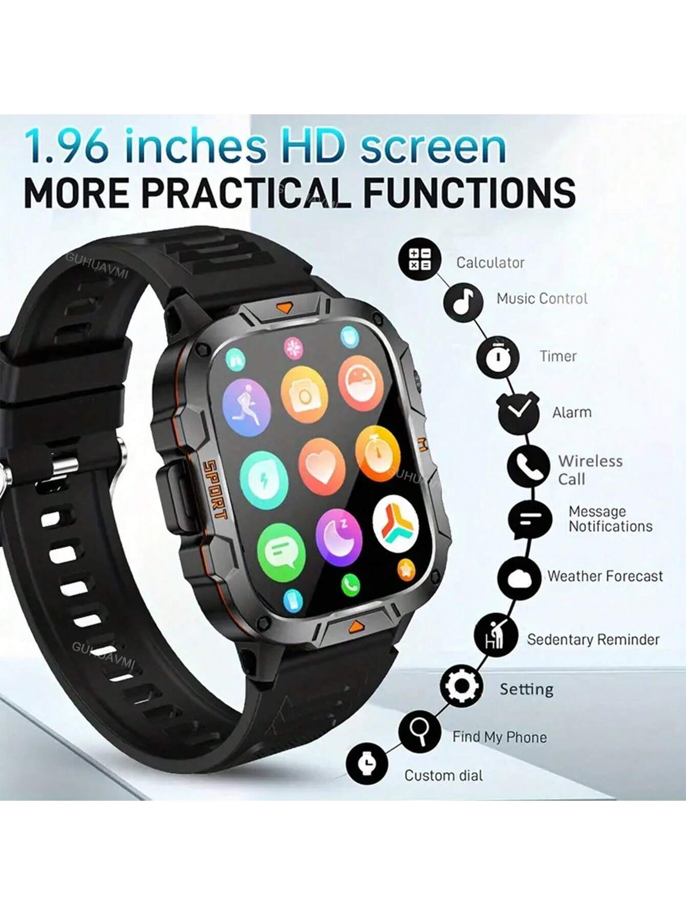 GUHUAVMI 2025 New Military Grade Outdoor Sports Smartwatch For Men, 1.96inch(4.98cm) HD Full Screen Touch, With Bluetooth Call, SOS, Push Message, Strong LED Flashlight Smart Watch, 420mAh Long Battery Life, Multi-Sports Mode