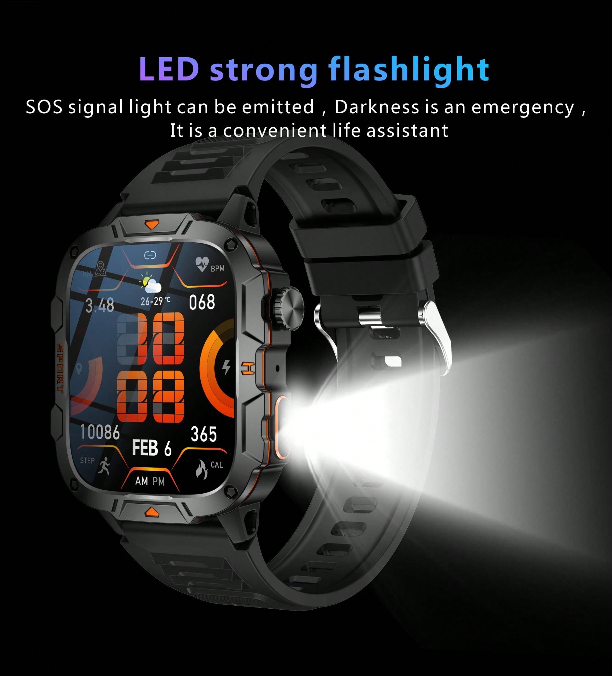 GUHUAVMI 2025 New Military Grade Outdoor Sports Smartwatch For Men, 1.96inch(4.98cm) HD Full Screen Touch, With Bluetooth Call, SOS, Push Message, Strong LED Flashlight Smart Watch, 420mAh Long Battery Life, Multi-Sports Mode