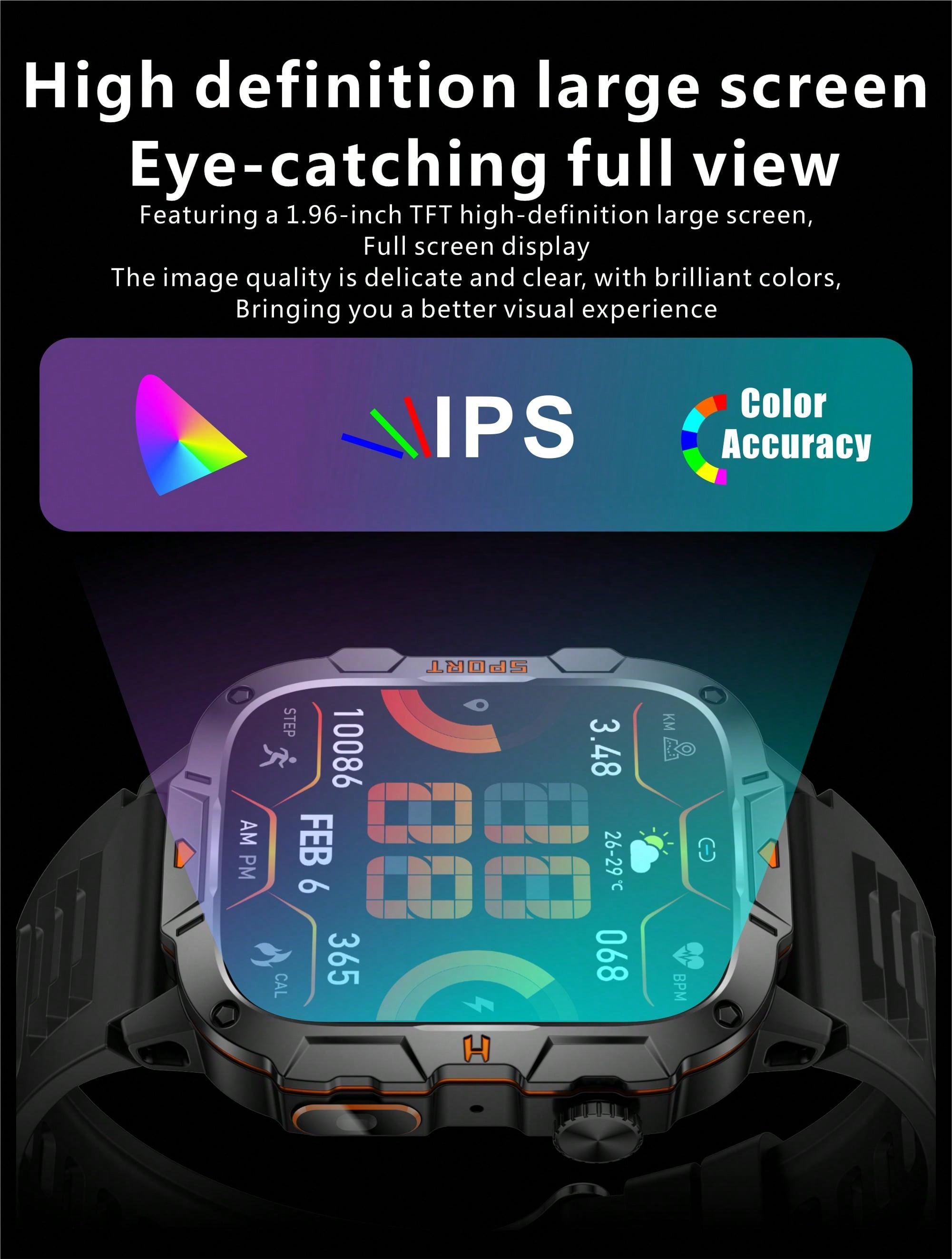 GUHUAVMI 2025 New Military Grade Outdoor Sports Smartwatch For Men, 1.96inch(4.98cm) HD Full Screen Touch, With Bluetooth Call, SOS, Push Message, Strong LED Flashlight Smart Watch, 420mAh Long Battery Life, Multi-Sports Mode