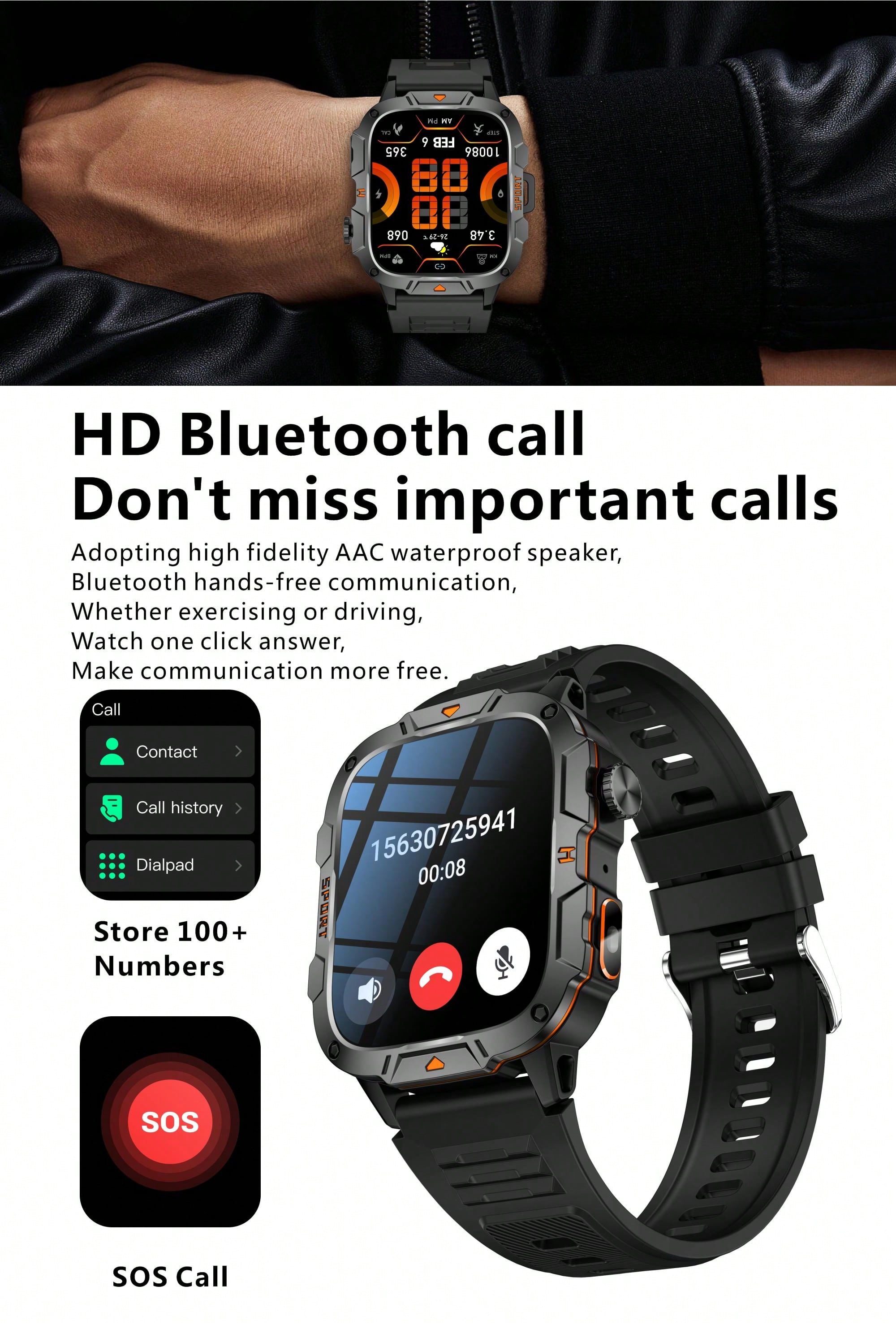 GUHUAVMI 2025 New Military Grade Outdoor Sports Smartwatch For Men, 1.96inch(4.98cm) HD Full Screen Touch, With Bluetooth Call, SOS, Push Message, Strong LED Flashlight Smart Watch, 420mAh Long Battery Life, Multi-Sports Mode