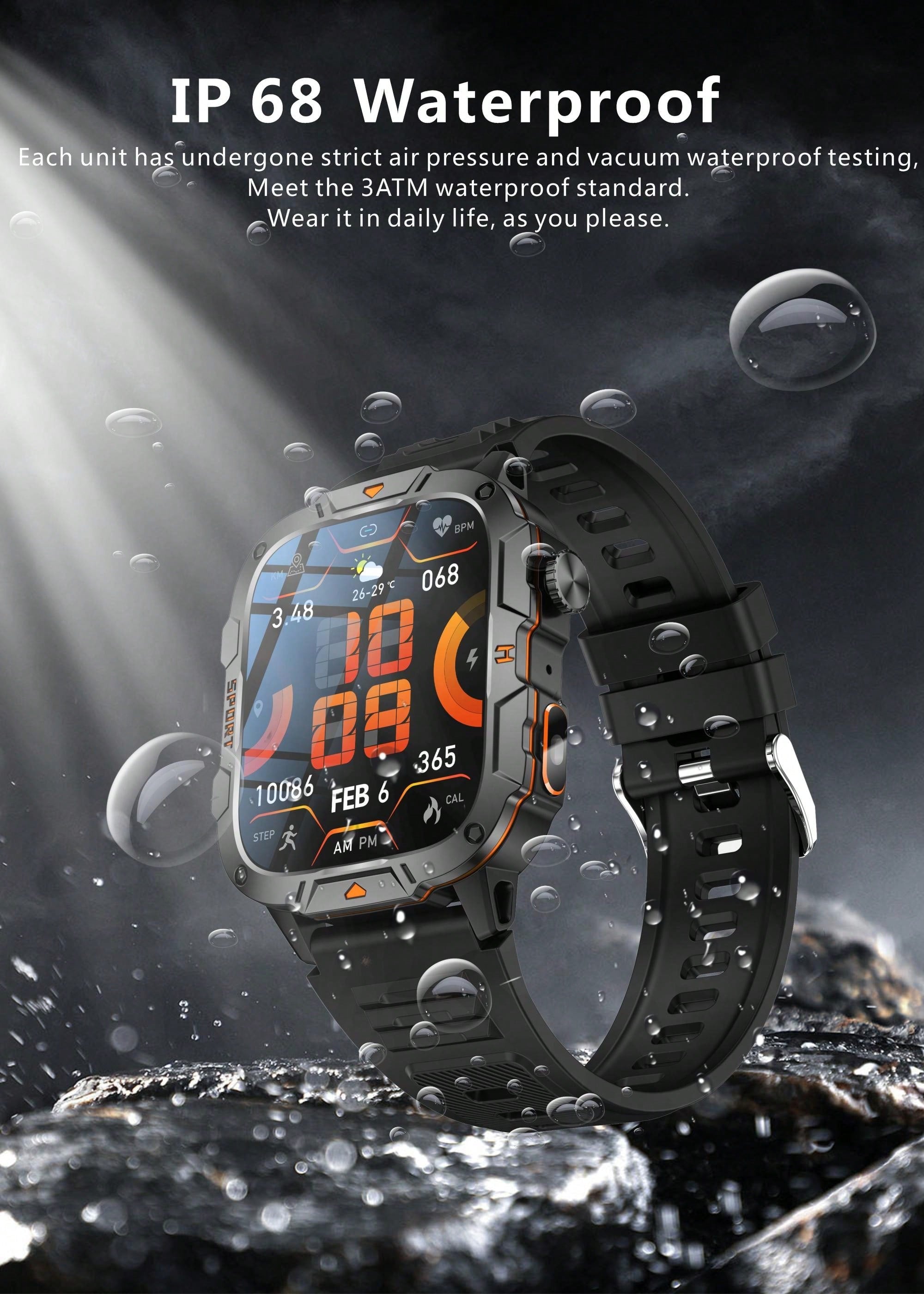 GUHUAVMI 2025 New Military Grade Outdoor Sports Smartwatch For Men, 1.96inch(4.98cm) HD Full Screen Touch, With Bluetooth Call, SOS, Push Message, Strong LED Flashlight Smart Watch, 420mAh Long Battery Life, Multi-Sports Mode