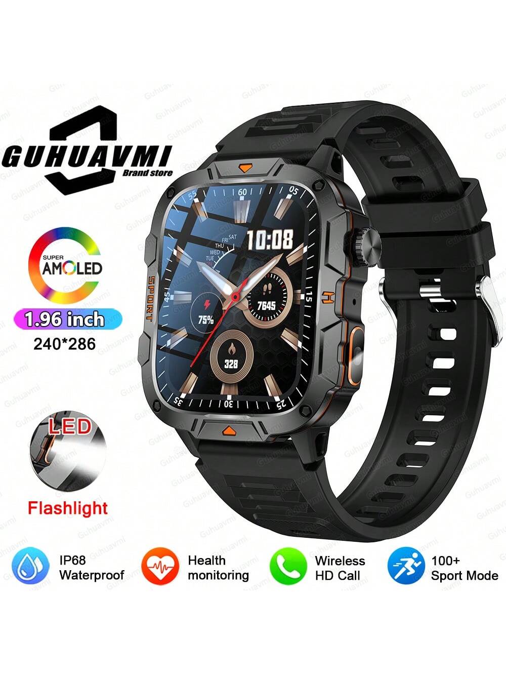 GUHUAVMI 2025 New Military Grade Outdoor Sports Smartwatch For Men, 1.96inch(4.98cm) HD Full Screen Touch, With Bluetooth Call, SOS, Push Message, Strong LED Flashlight Smart Watch, 420mAh Long Battery Life, Multi-Sports Mode
