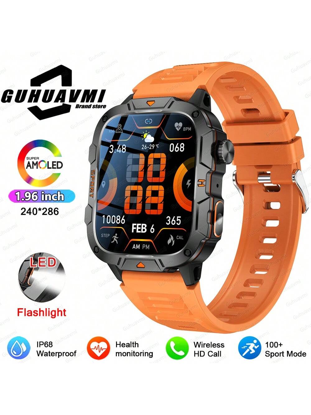GUHUAVMI 2025 New Military Grade Outdoor Sports Smartwatch For Men, 1.96inch(4.98cm) HD Full Screen Touch, With Bluetooth Call, SOS, Push Message, Strong LED Flashlight Smart Watch, 420mAh Long Battery Life, Multi-Sports Mode