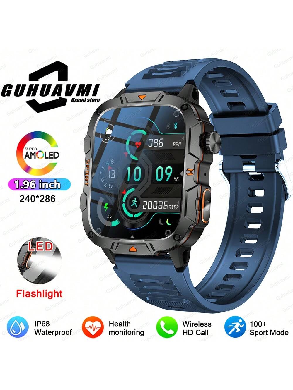 GUHUAVMI 2025 New Military Grade Outdoor Sports Smartwatch For Men, 1.96inch(4.98cm) HD Full Screen Touch, With Bluetooth Call, SOS, Push Message, Strong LED Flashlight Smart Watch, 420mAh Long Battery Life, Multi-Sports Mode