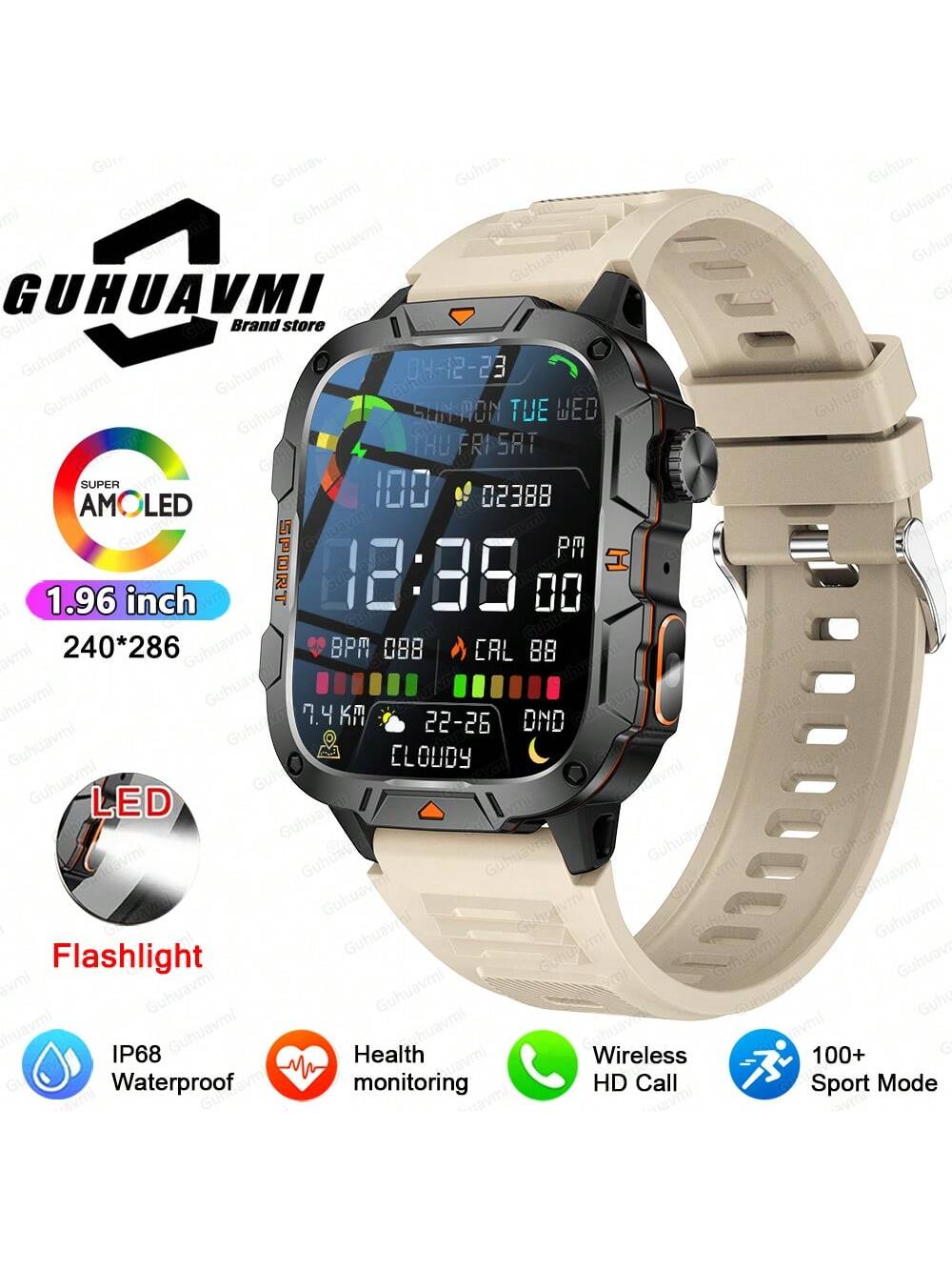 GUHUAVMI 2025 New Military Grade Outdoor Sports Smartwatch For Men, 1.96inch(4.98cm) HD Full Screen Touch, With Bluetooth Call, SOS, Push Message, Strong LED Flashlight Smart Watch, 420mAh Long Battery Life, Multi-Sports Mode