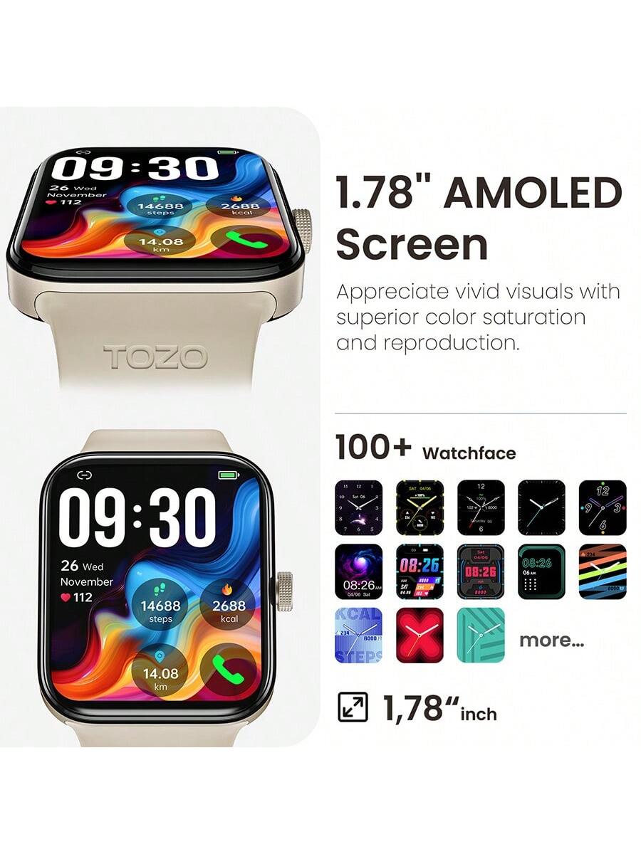 TOZO S4 AcuFit One Smart Watch 1.78" AMOLED Ultra-Clear Screen For Men Women, Call/Answer Fitness Tracker, Heart Rate Sleep Blood Oxygen Monitor IP68 Waterproof For IOS 11.0 Android 9.0 Black
