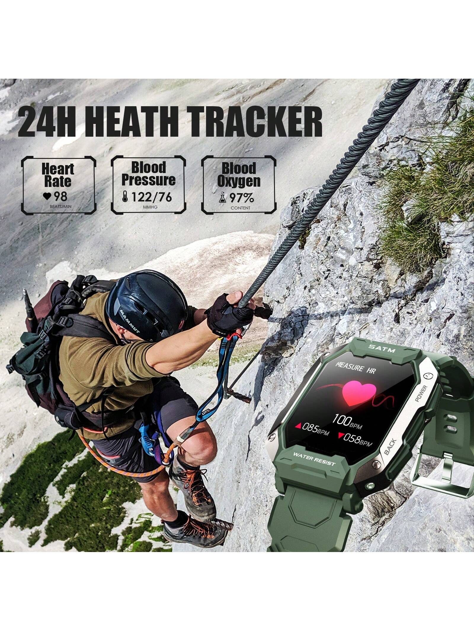 JELLOO JELLOO Military Smart Watches For Men 5ATM Waterproof Tactical Rugged Tactical Sports Smartwatch 1.71" HD Fitness Tracker With Heart Rate Sleep Monitor Outdoor Smart Watch Compatible With Android IPhone