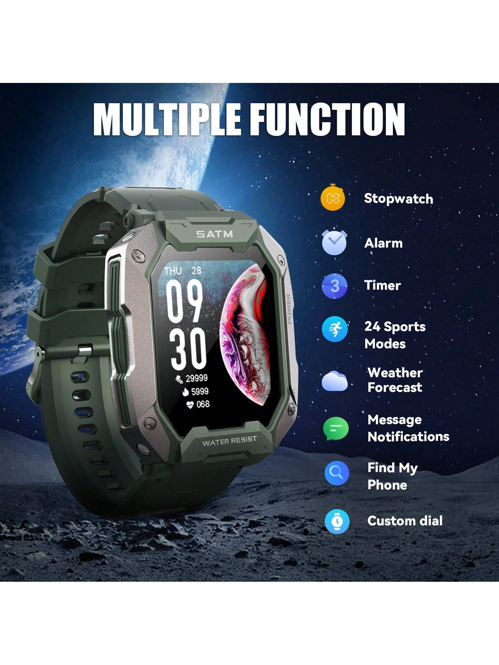 JELLOO JELLOO Military Smart Watches For Men 5ATM Waterproof Tactical Rugged Tactical Sports Smartwatch 1.71" HD Fitness Tracker With Heart Rate Sleep Monitor Outdoor Smart Watch Compatible With Android IPhone