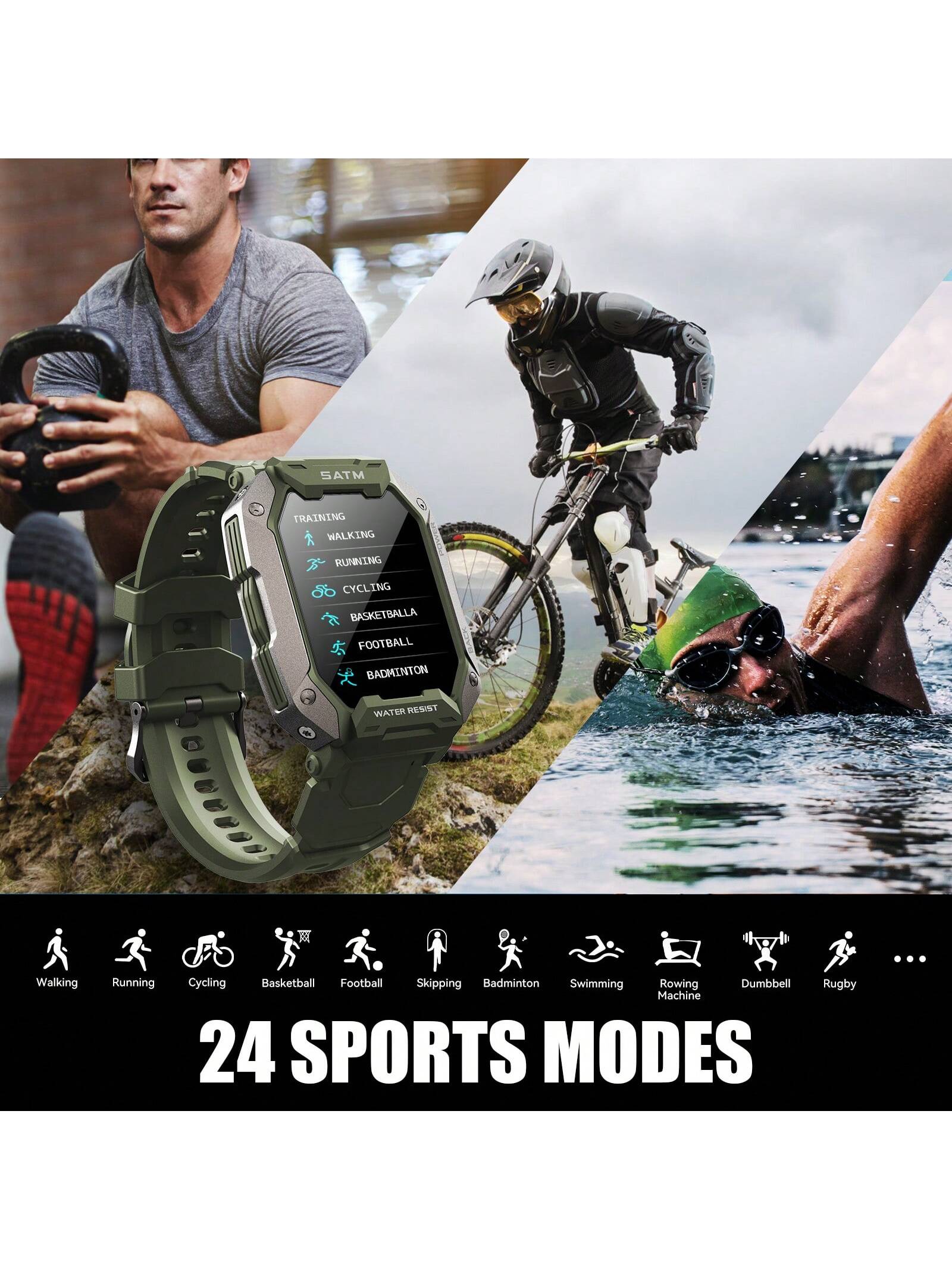 JELLOO JELLOO Military Smart Watches For Men 5ATM Waterproof Tactical Rugged Tactical Sports Smartwatch 1.71" HD Fitness Tracker With Heart Rate Sleep Monitor Outdoor Smart Watch Compatible With Android IPhone