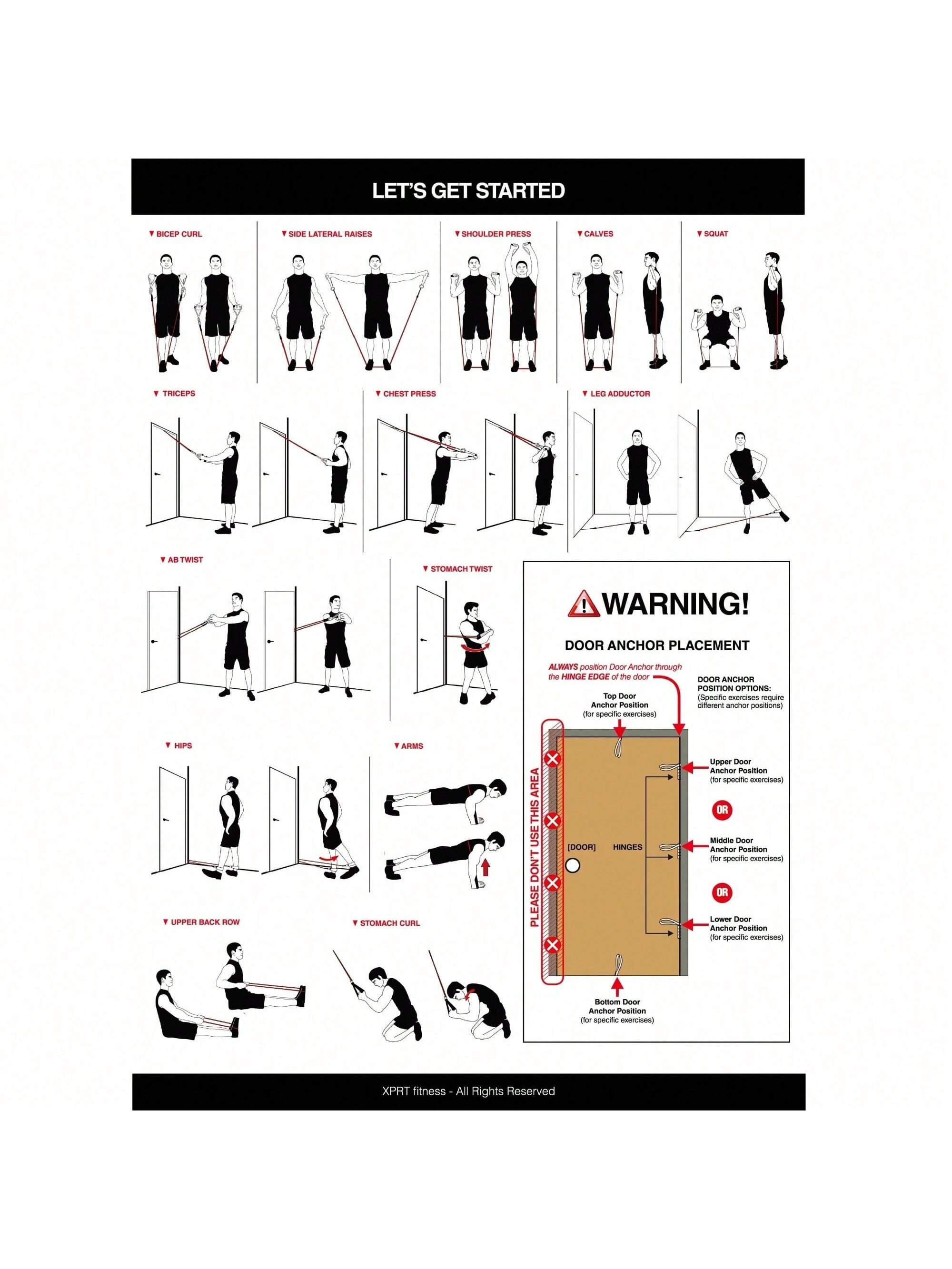 XPRT Fitness Single Resistance Band Home Gym Exercise Band With Handles And Door Anchor 50 Lb.