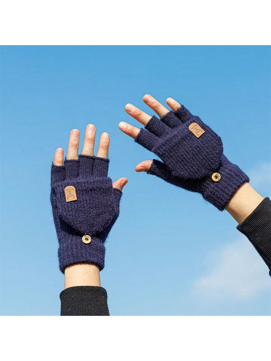 2 Pairs Warm Winter Gloves, Knitted Flip-Top Mittens With Fleece Lining For Men And Women, Random Color