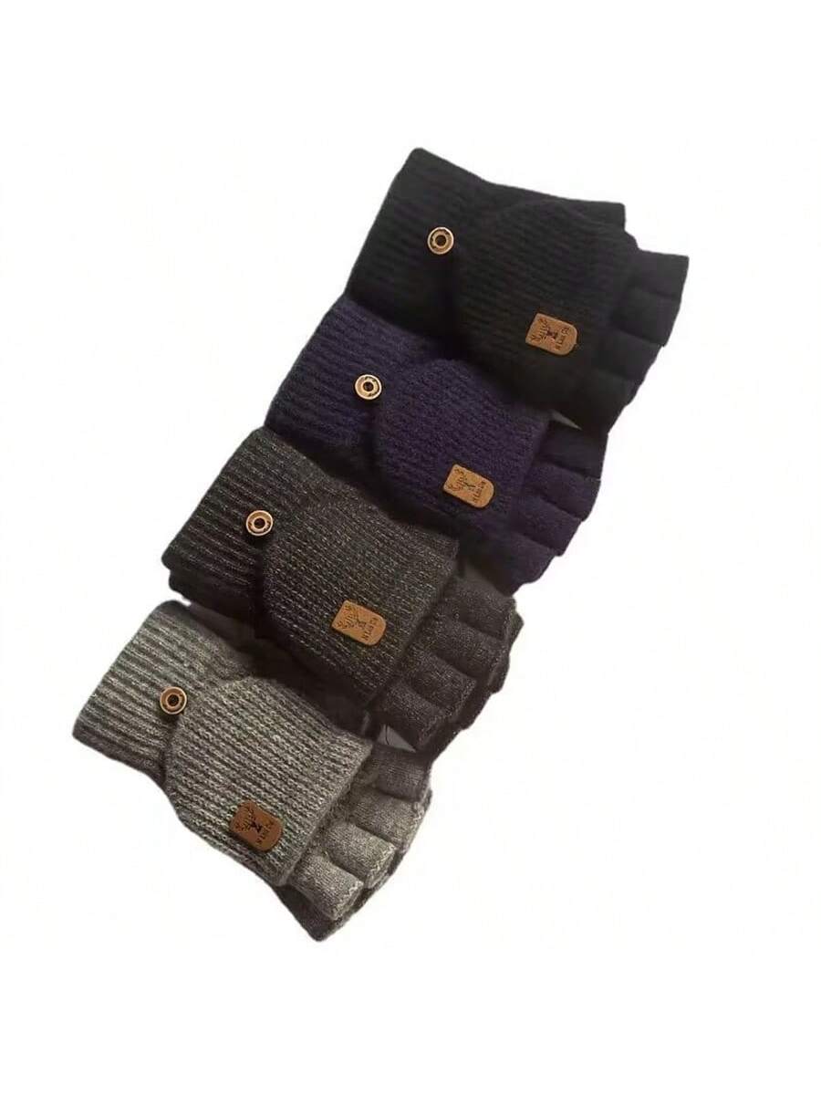 2 Pairs Warm Winter Gloves, Knitted Flip-Top Mittens With Fleece Lining For Men And Women, Random Color