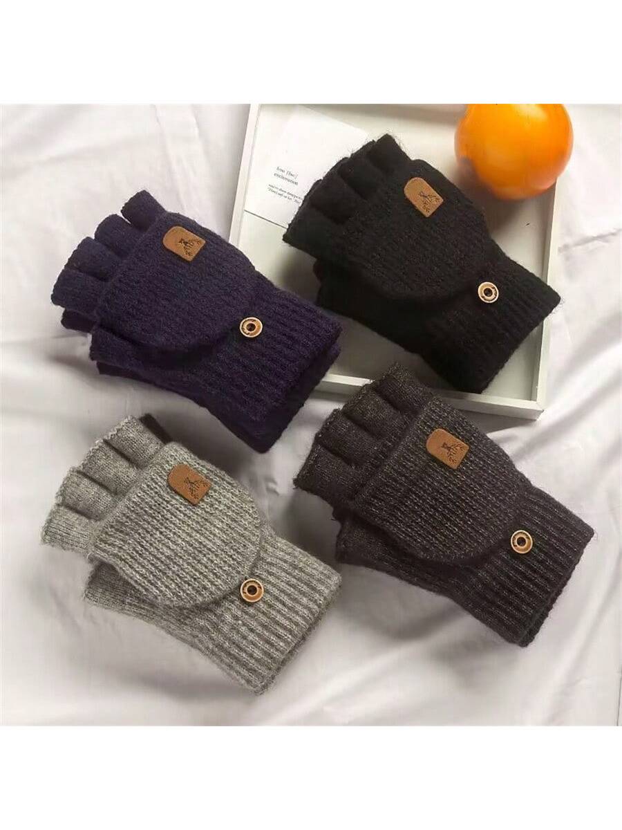 2 Pairs Warm Winter Gloves, Knitted Flip-Top Mittens With Fleece Lining For Men And Women, Random Color