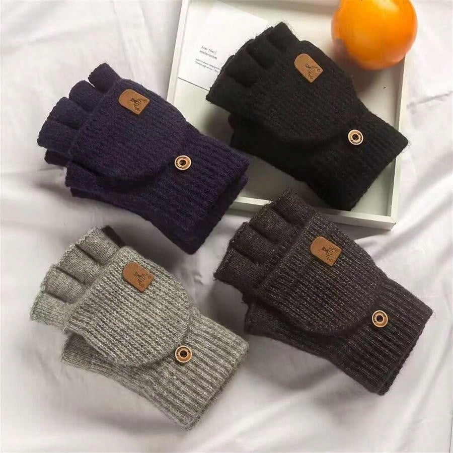 2 Pairs Warm Winter Gloves, Knitted Flip-Top Mittens With Fleece Lining For Men And Women, Random Color