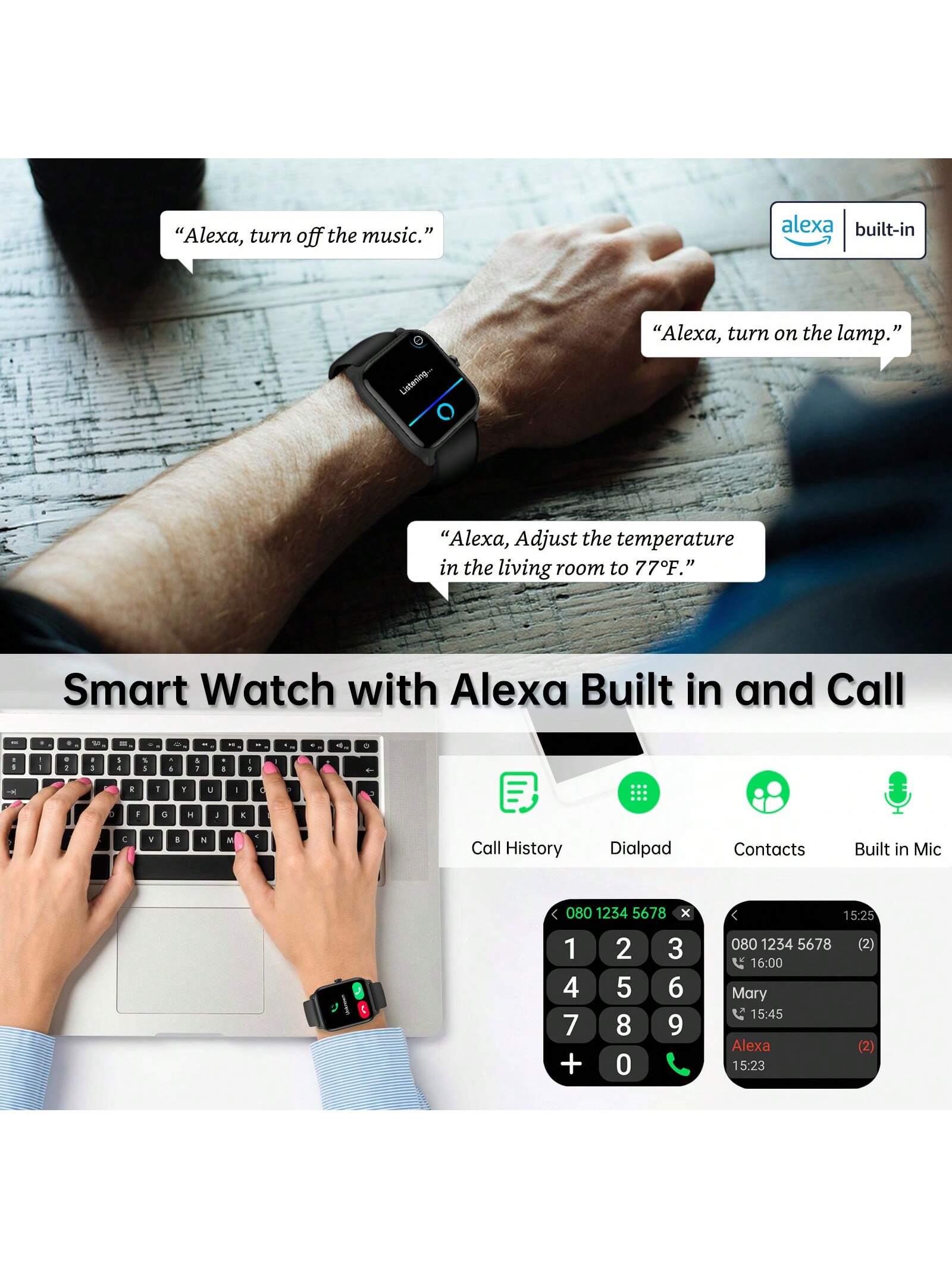 Faweio Smart Watch For Men Women, Answer Make Call, Alexa Built-In, 1.8" Touch Screen Fitness Tracker For Iphone Android With 100 Sport Modes,Sleep Monitor, IP68 Waterproof Watch