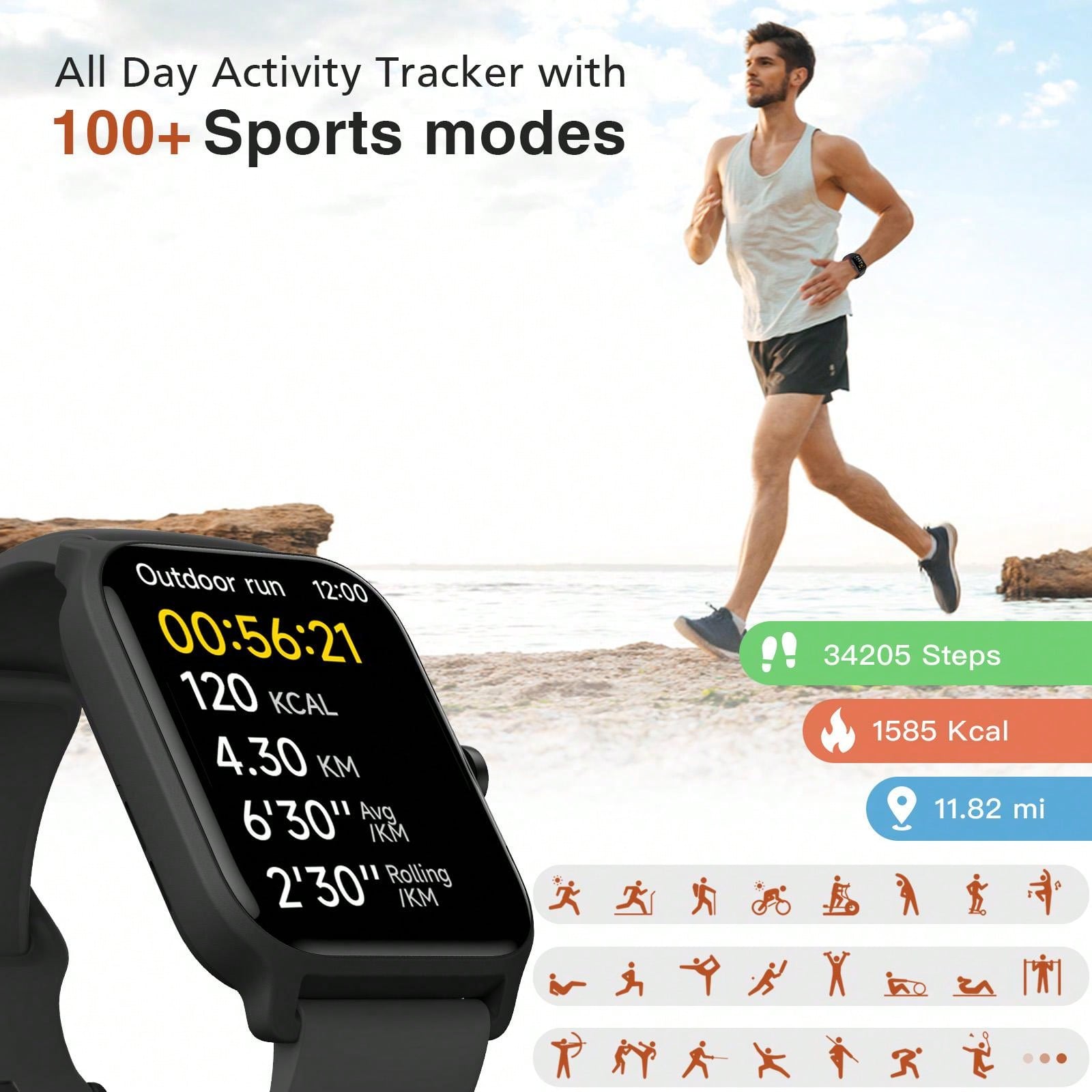 Faweio Smart Watch For Men Women, Answer Make Call, Alexa Built-In, 1.8" Touch Screen Fitness Tracker For Iphone Android With 100 Sport Modes,Sleep Monitor, IP68 Waterproof Watch