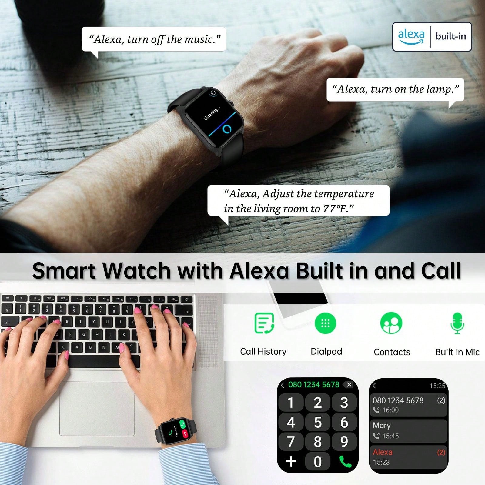 Faweio Smart Watch For Men Women, Answer Make Call, Alexa Built-In, 1.8" Touch Screen Fitness Tracker For Iphone Android With 100 Sport Modes,Sleep Monitor, IP68 Waterproof Watch