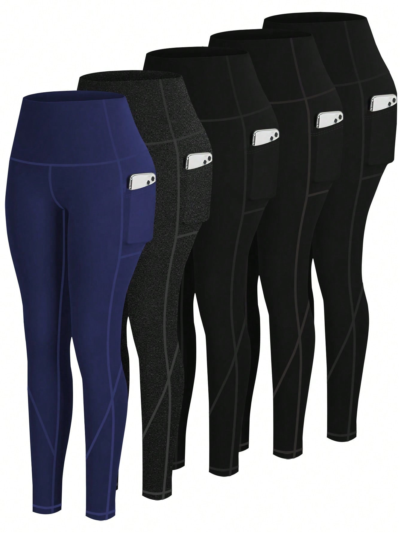5pcs/Set High Waisted Compression Yoga Leggings With Pockets For Workout Running