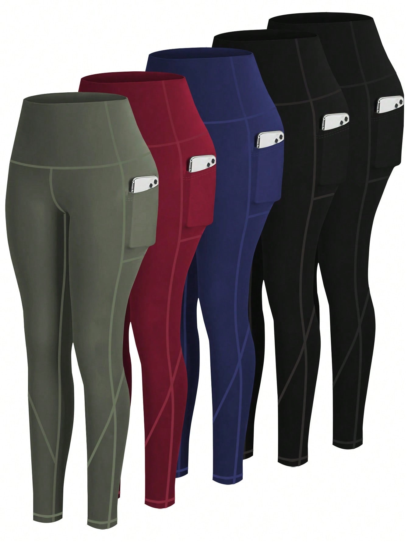 5pcs/Set High Waisted Compression Yoga Leggings With Pockets For Workout Running