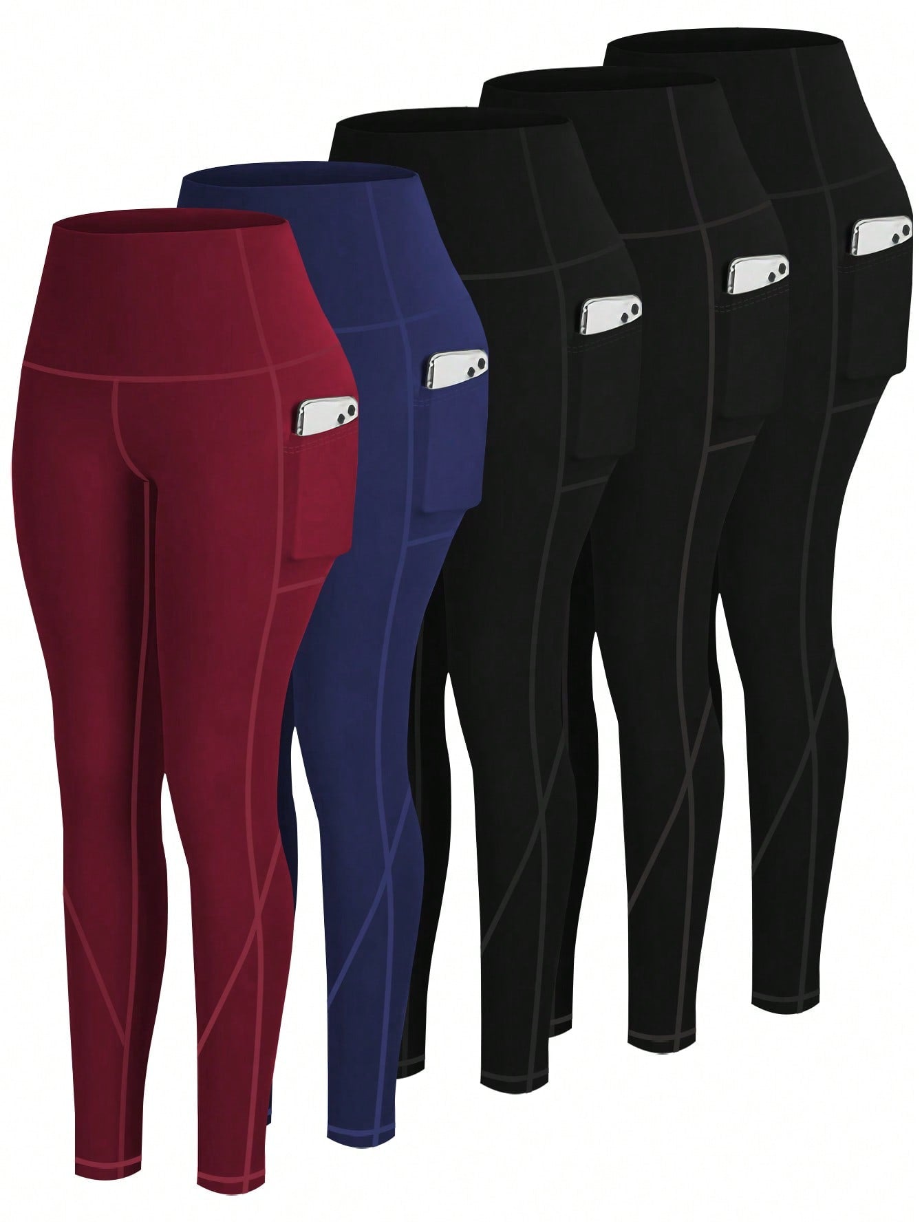 5pcs/Set High Waisted Compression Yoga Leggings With Pockets For Workout Running