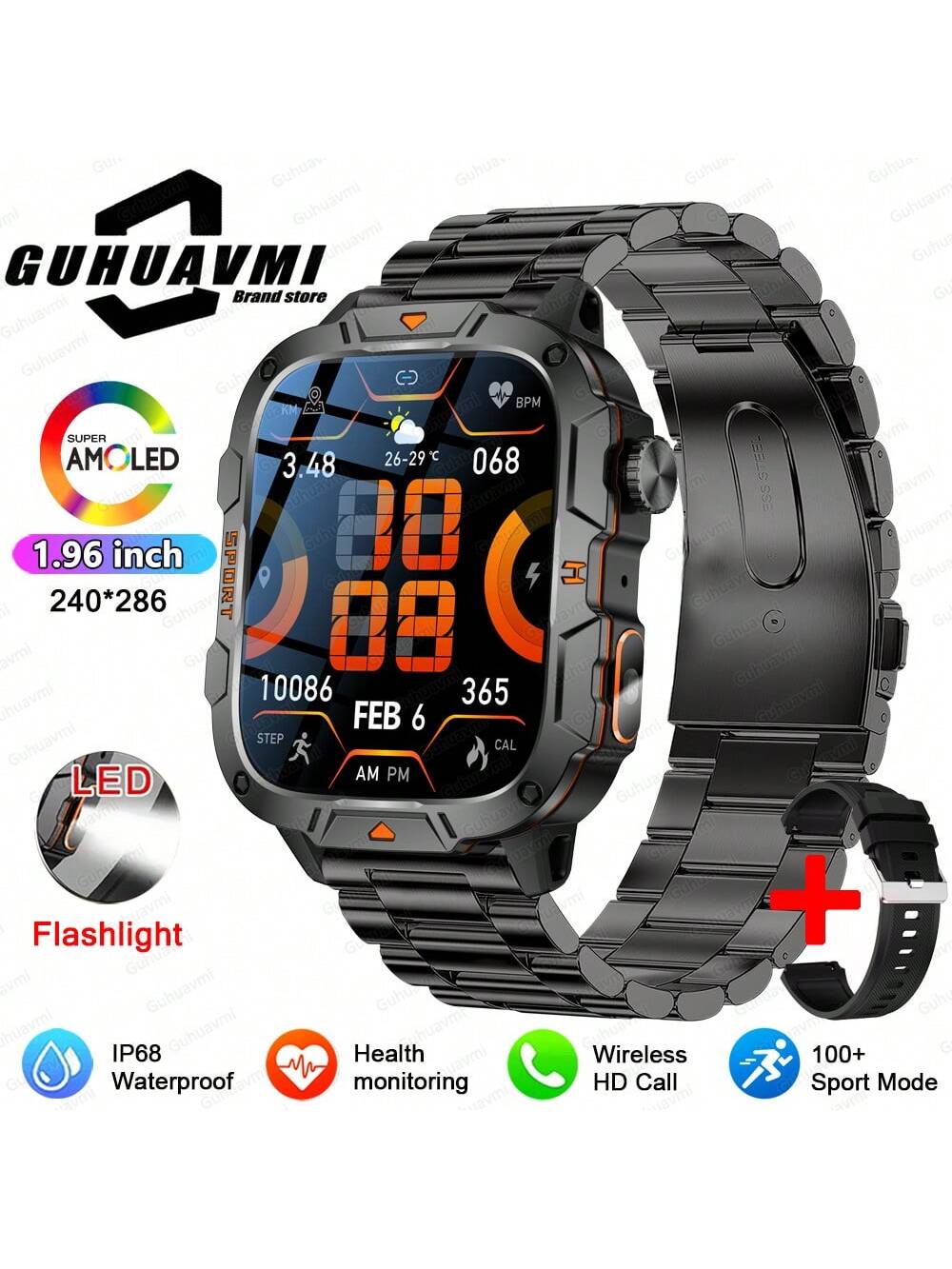 GUHUAVMI 2025 New Military Grade Outdoor Sports Smartwatch For Men, 1.96inch(4.98cm) HD Full Screen Touch, With Bluetooth Call, SOS, Push Message, Strong LED Flashlight Smart Watch, 420mAh Long Battery Life, Multi-Sports Mode