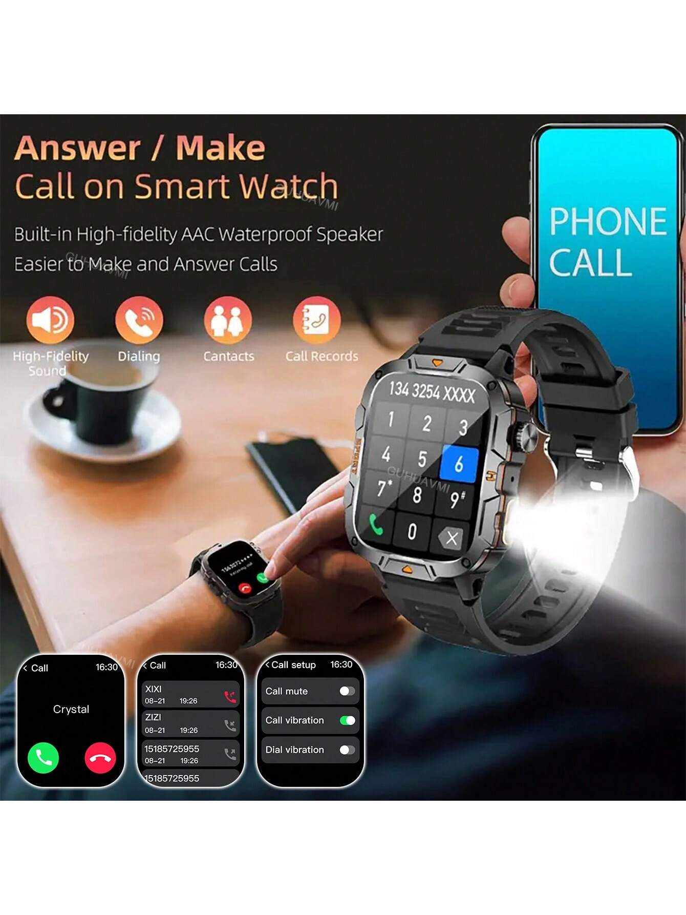 GUHUAVMI 2025 New Military Grade Outdoor Sports Smartwatch For Men, 1.96inch(4.98cm) HD Full Screen Touch, With Bluetooth Call, SOS, Push Message, Strong LED Flashlight Smart Watch, 420mAh Long Battery Life, Multi-Sports Mode