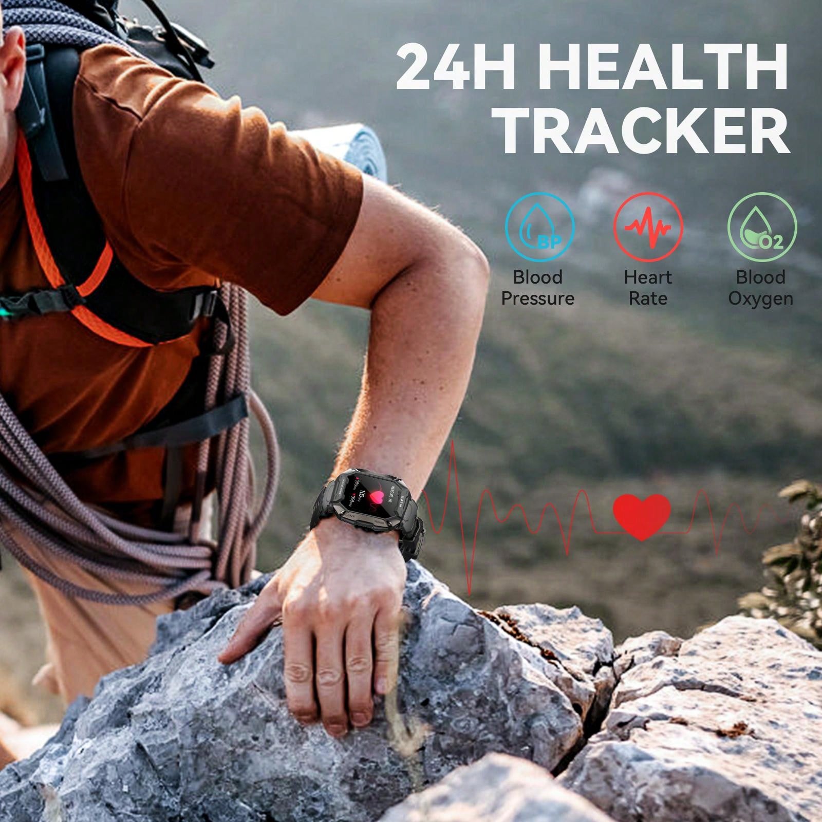 INEYES 50M Waterproof Smart Watches For Men 1.71" HD Rugged Tactical Sports Smartwatch Fitness Tracker With Heart Rate Sleep Monitor Outdoor Smart Watch Compatible With Android IOS