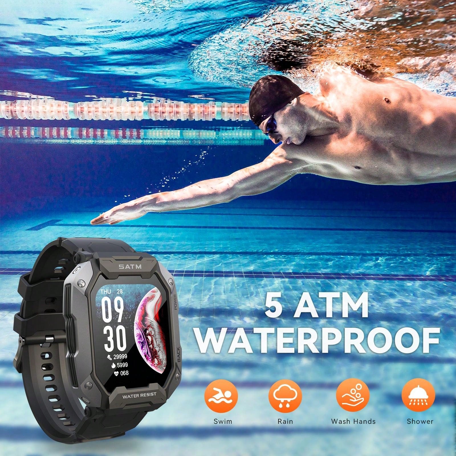 INEYES 50M Waterproof Smart Watches For Men 1.71" HD Rugged Tactical Sports Smartwatch Fitness Tracker With Heart Rate Sleep Monitor Outdoor Smart Watch Compatible With Android IOS