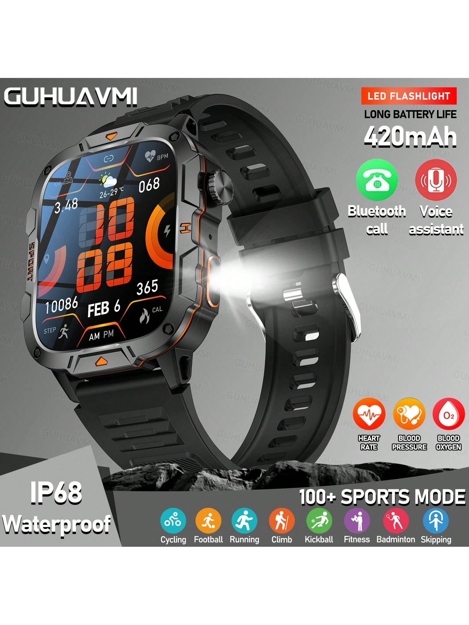 GUHUAVMI 2025 New Military Grade Outdoor Sports Smartwatch For Men, 1.96inch(4.98cm) HD Full Screen Touch, With Bluetooth Call, SOS, Push Message, Strong LED Flashlight Smart Watch, 420mAh Long Battery Life, Multi-Sports Mode