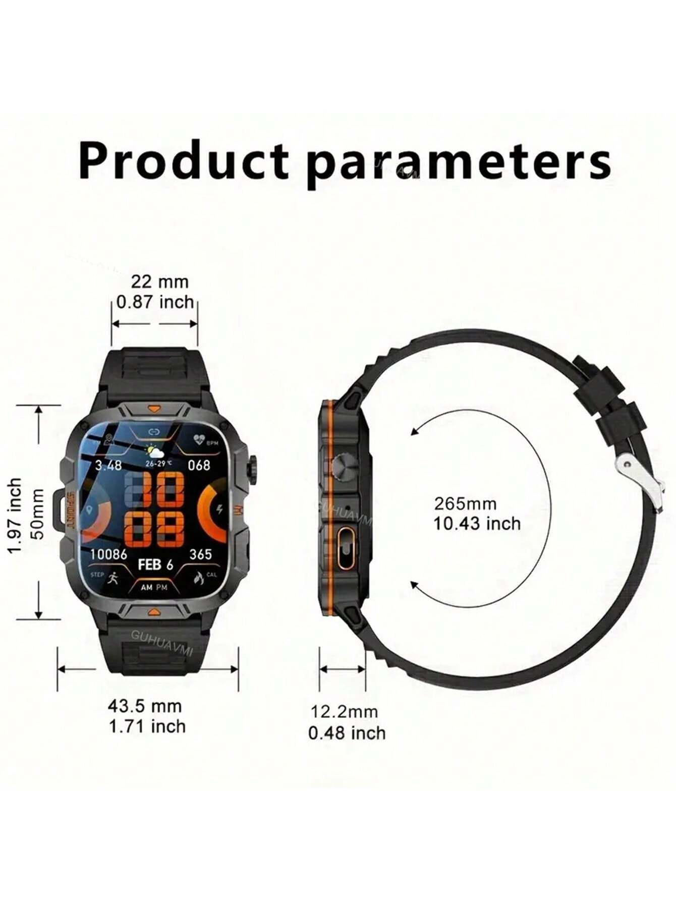GUHUAVMI 2025 New Military Grade Outdoor Sports Smartwatch For Men, 1.96inch(4.98cm) HD Full Screen Touch, With Bluetooth Call, SOS, Push Message, Strong LED Flashlight Smart Watch, 420mAh Long Battery Life, Multi-Sports Mode