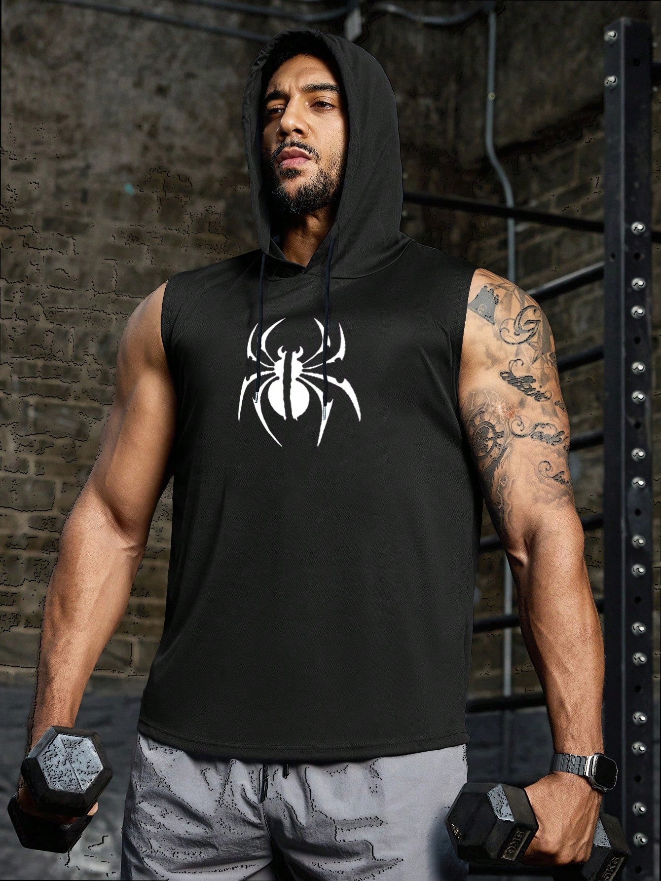 VitaFith New Spider Print Graphic Men Sleeveless Hoodie Muscle Tee For Sports