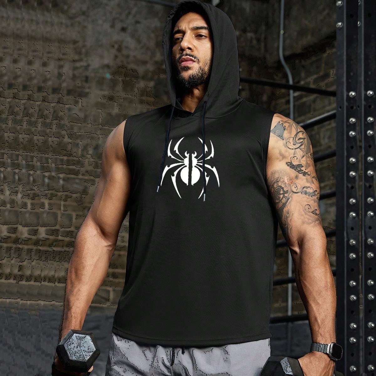 VitaFith New Spider Print Graphic Men Sleeveless Hoodie Muscle Tee For Sports