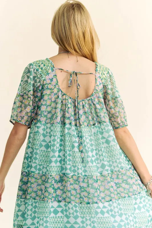 Davi & Dani Multi Floral Square Neck Puff Sleeve Maxi Dress