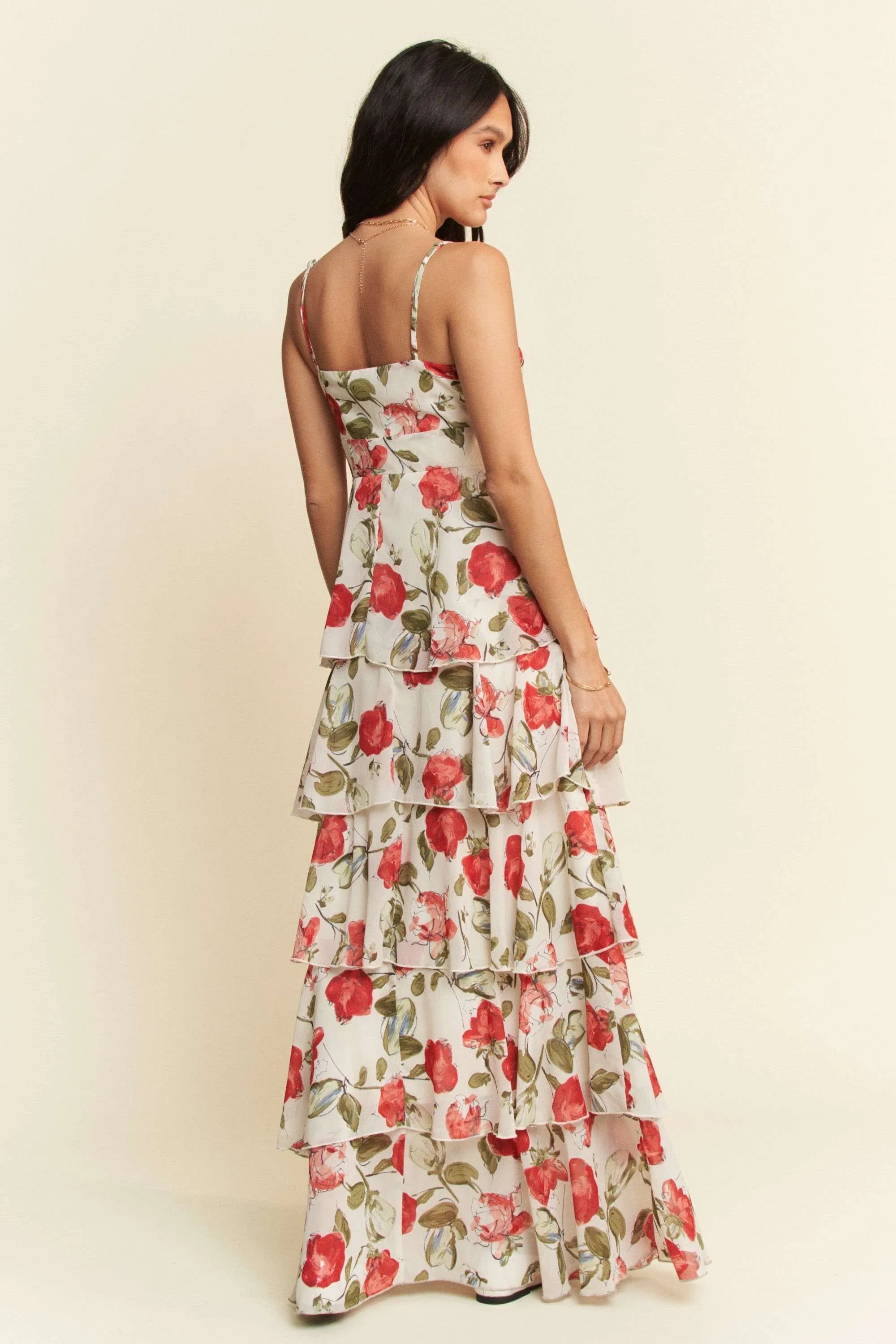Davi & Dani Contrast Ring Lace Layered Ruffle Maxi Cami Dress
