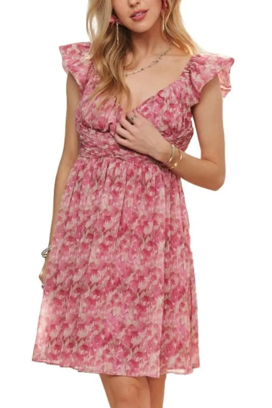 ADORA Watercolor Flower Shirred Tiered Ruffled Dress