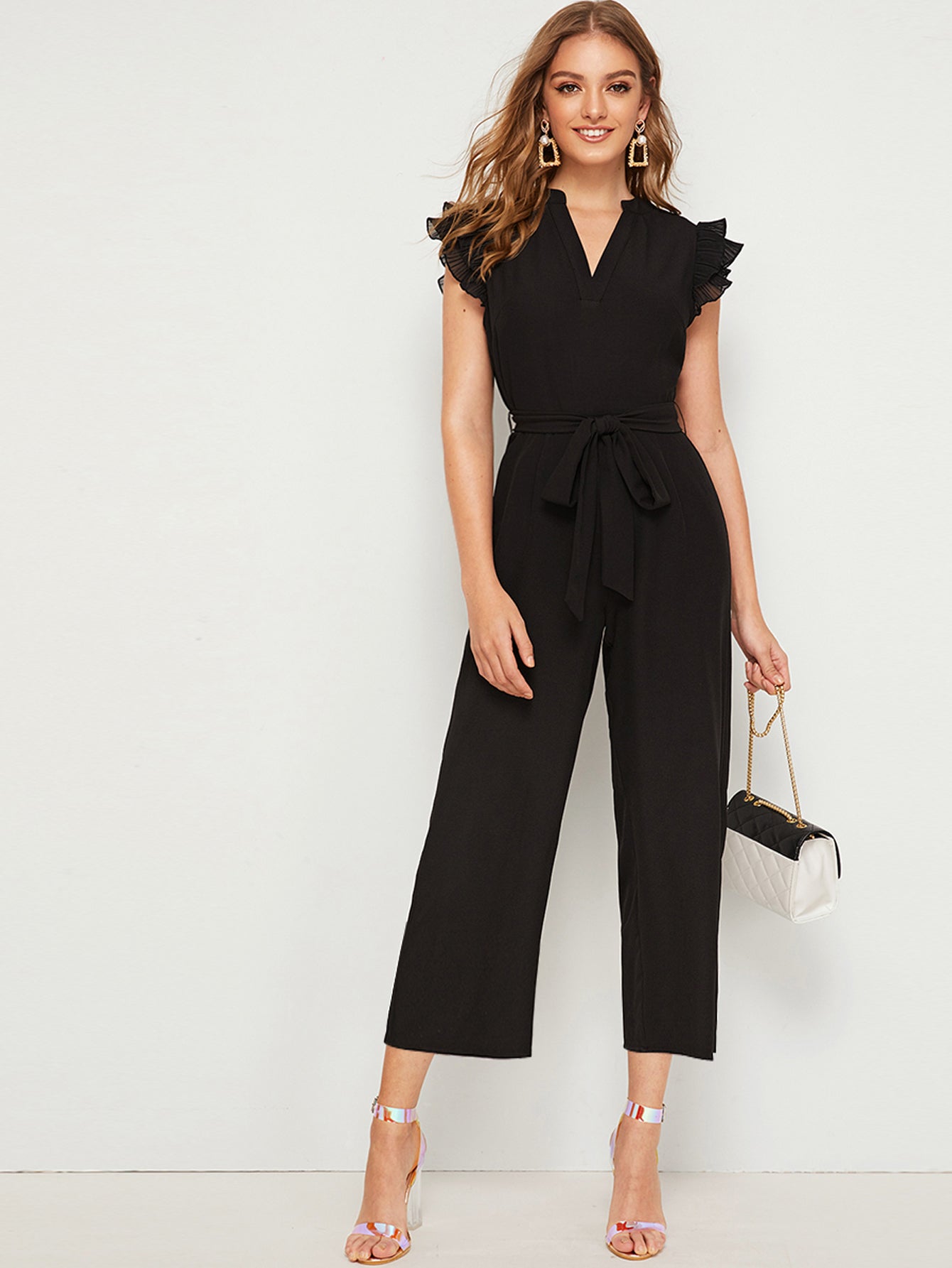 Privé Layered Pleated Sleeve Belted Jumpsuit