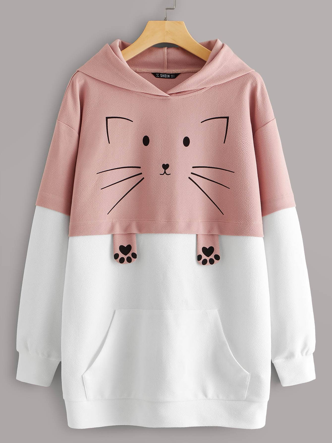 Mulvari Cat Print Pocket Front Two Tone Hoodie