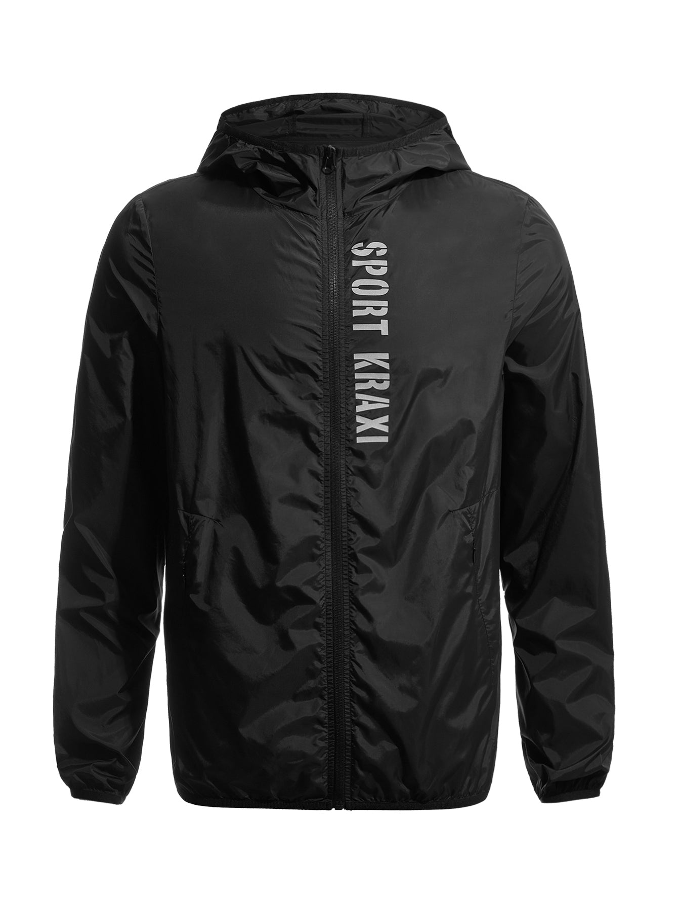 Boyfriend Style Men Letter Graphic Long Sleeve Full Zip Up Hooded Sports Windbreaker Jacket. Waterproof Running Active Wear