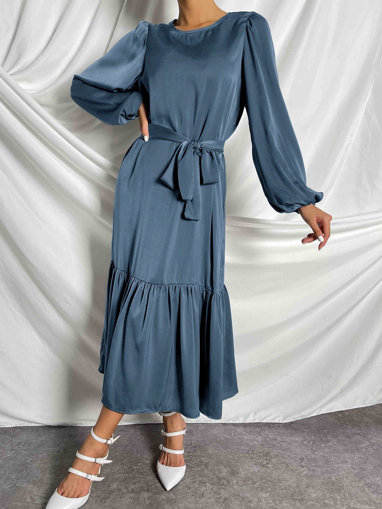 Clasi Lantern Sleeve Ruffle Hem Belted Dress Maxi Women Outfit