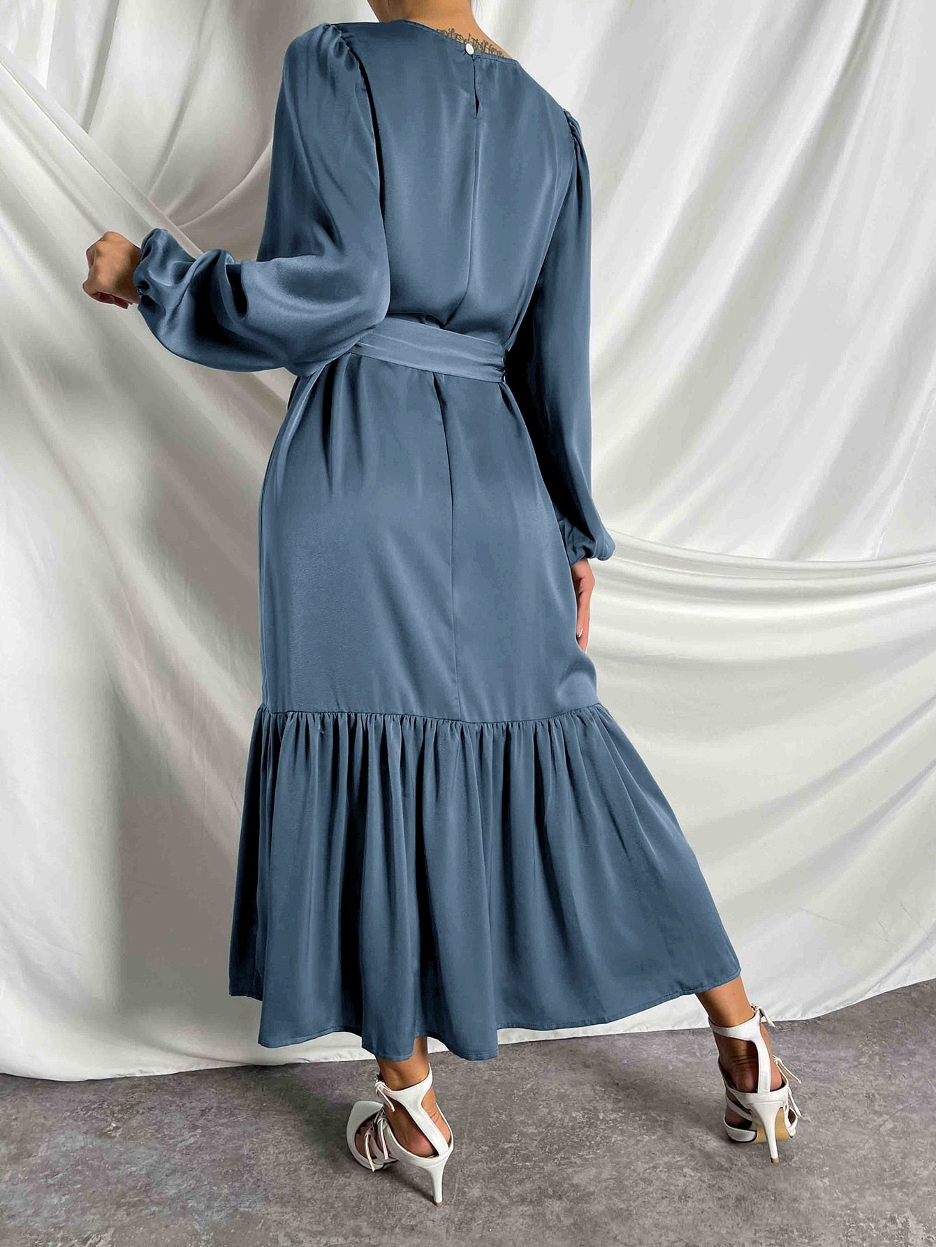 Clasi Lantern Sleeve Ruffle Hem Belted Dress Maxi Women Outfit