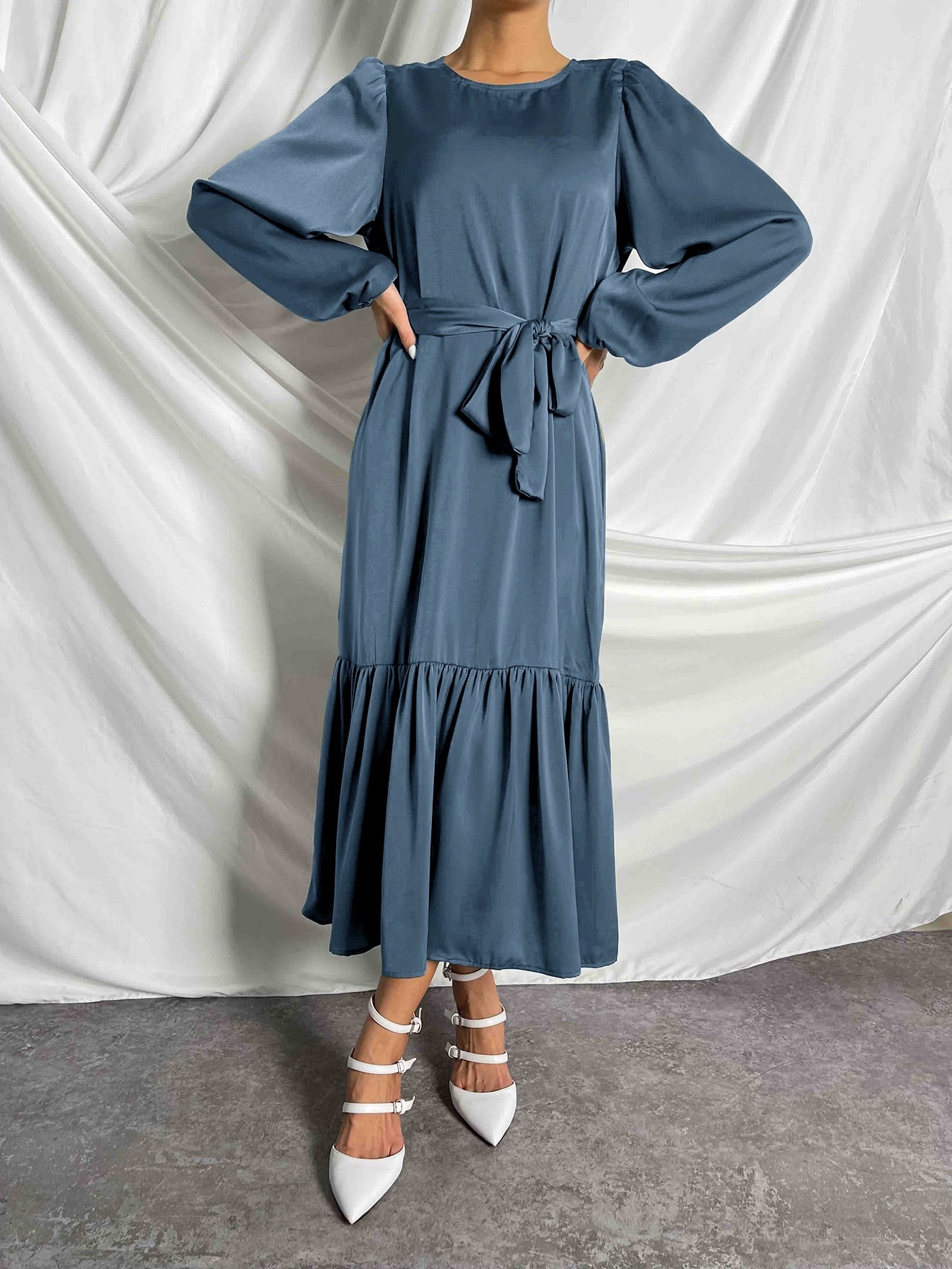 Clasi Lantern Sleeve Ruffle Hem Belted Dress Maxi Women Outfit