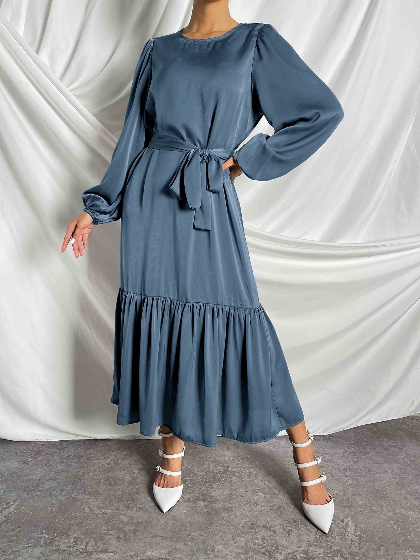 Clasi Lantern Sleeve Ruffle Hem Belted Dress Maxi Women Outfit