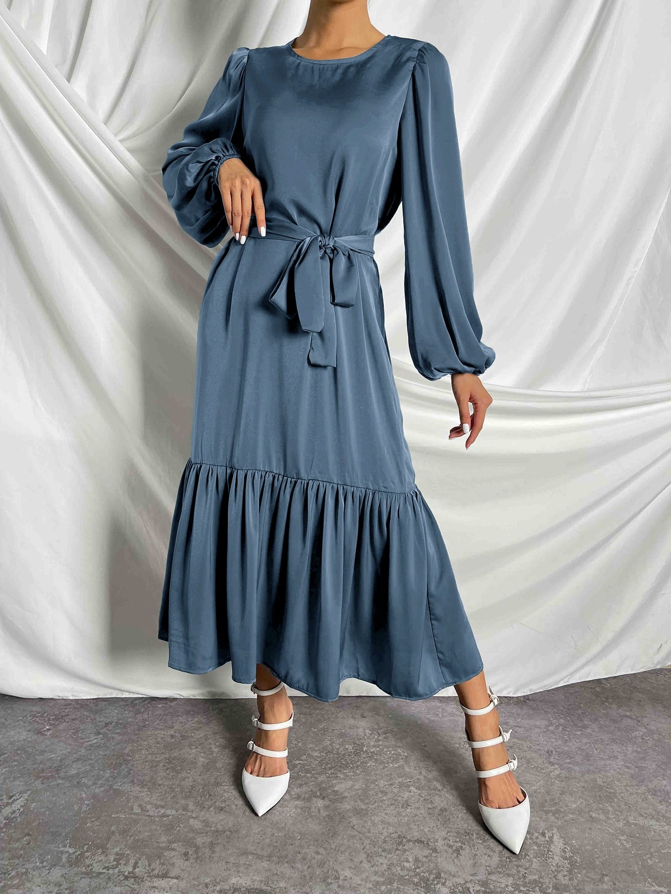 Clasi Lantern Sleeve Ruffle Hem Belted Dress Maxi Women Outfit