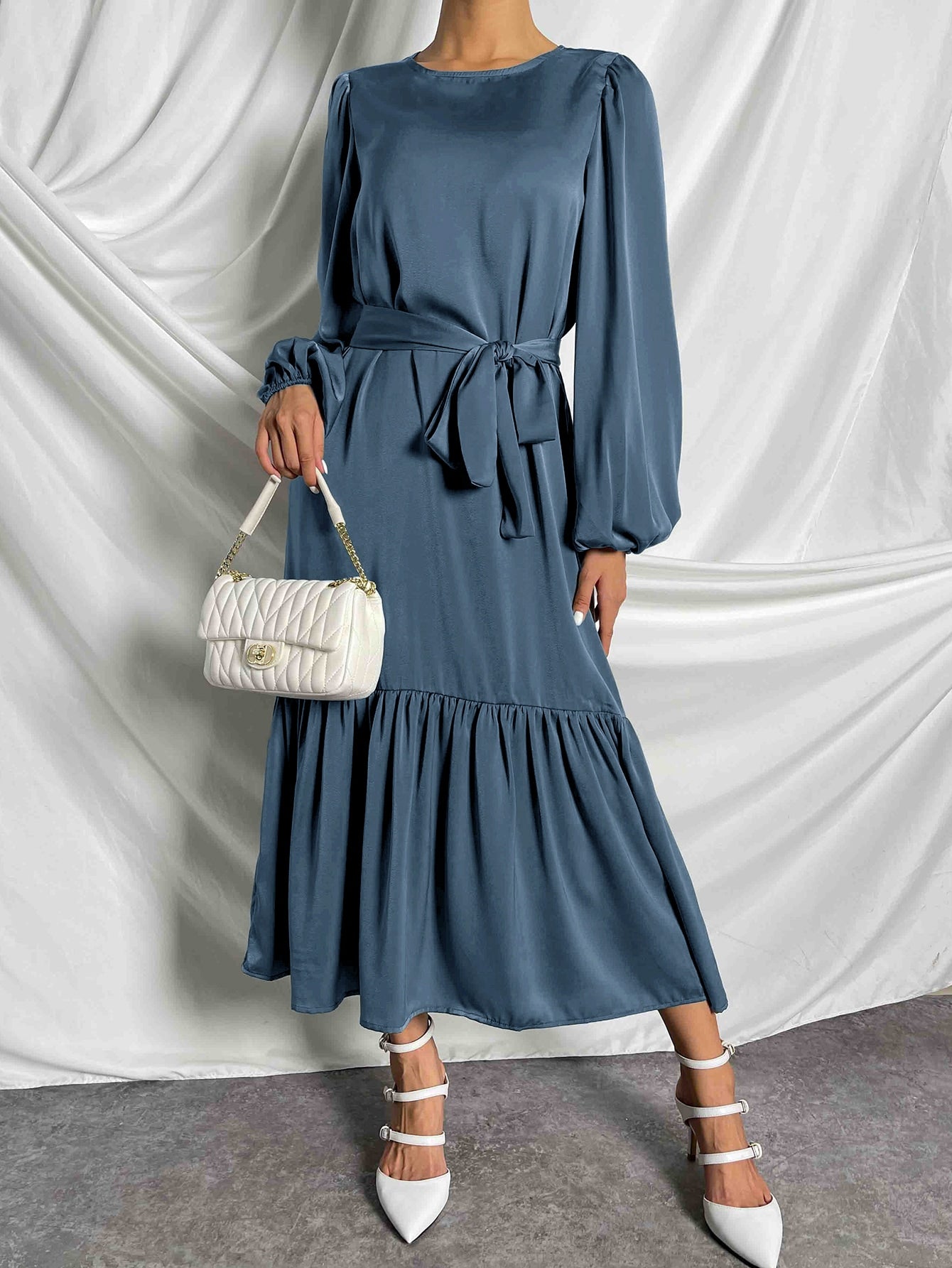 Clasi Lantern Sleeve Ruffle Hem Belted Dress Maxi Women Outfit