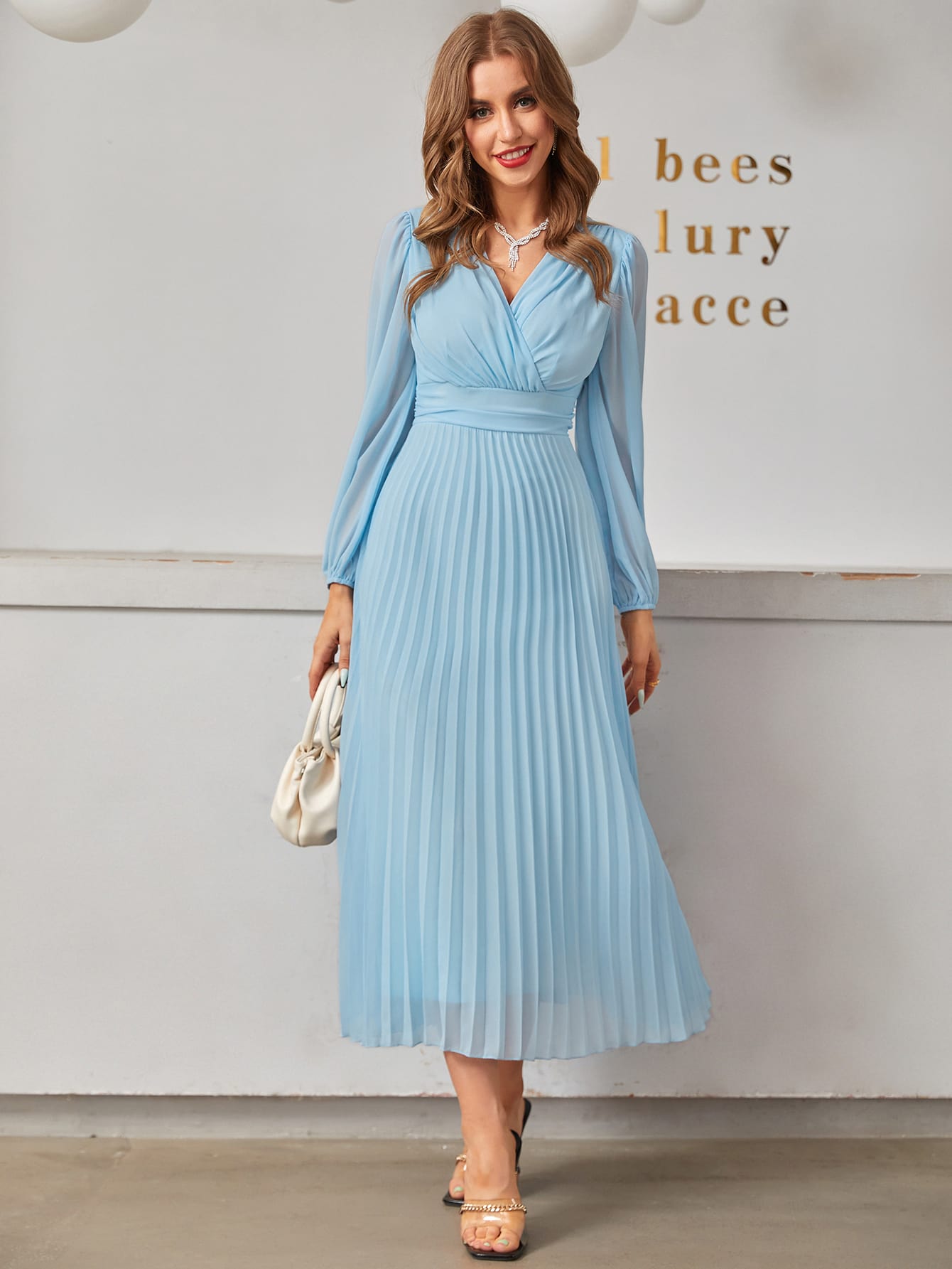 Modely Surplice Neck Pleated Hem Dress For New Year Clothes Maxi Women Outfit Long Evening Dresses