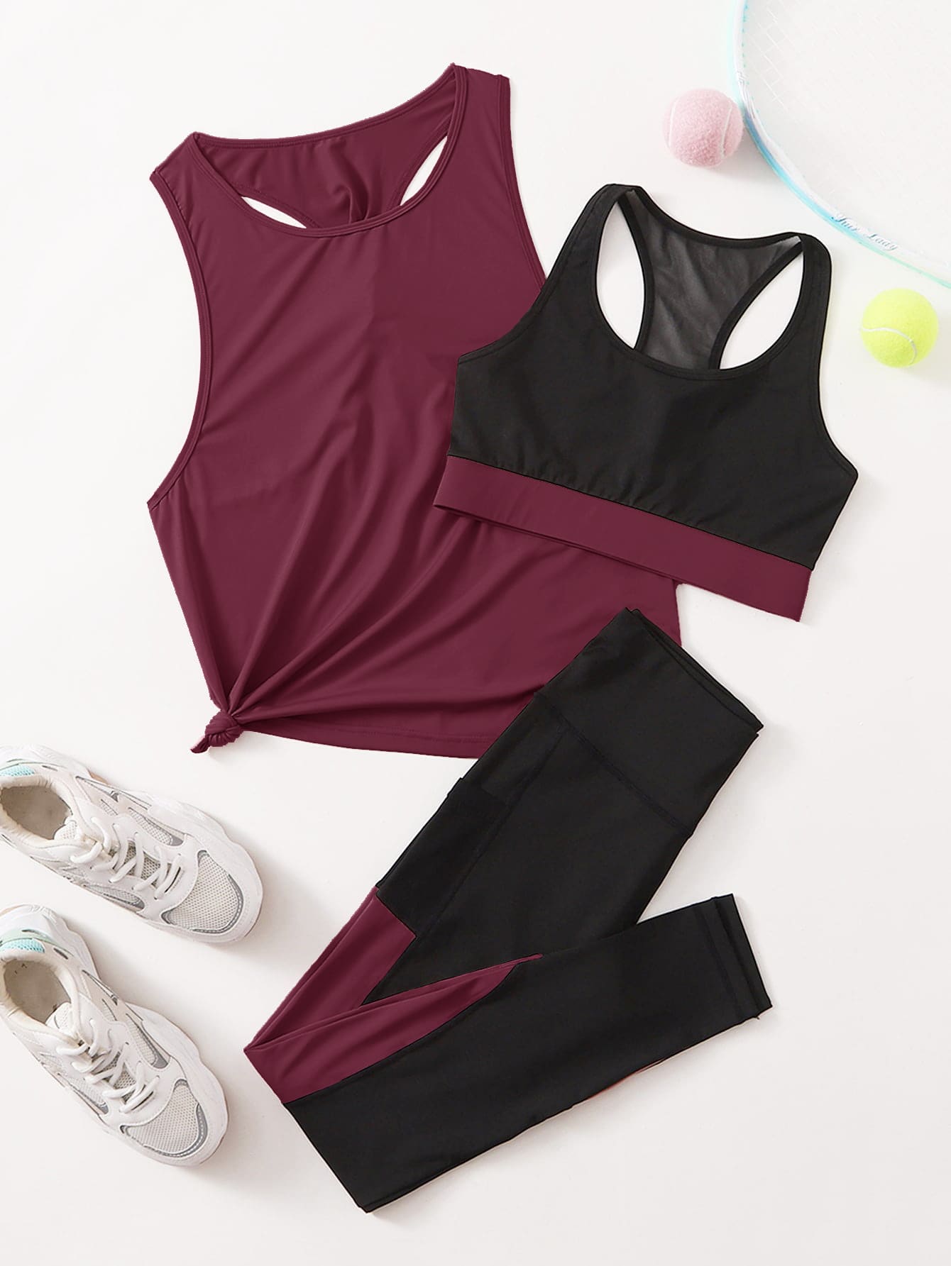 Sport Studio 3Pcs Breathable Softness Colorblock Gym Outfits Set Fitness Gym Set Twist Back Top Wide Waistband Tights Workout Clothes