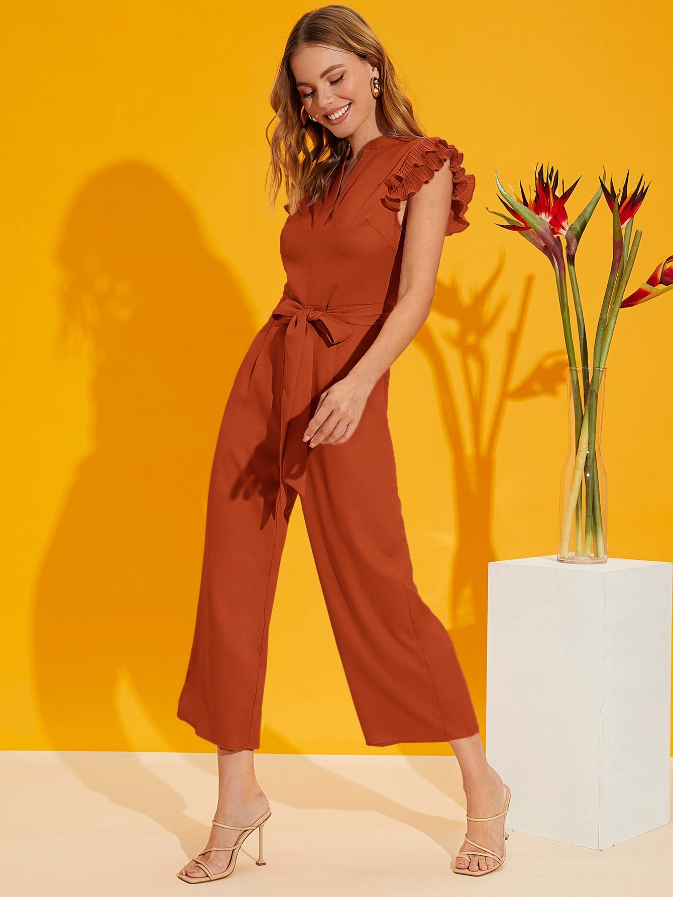 Privé Layered Pleated Sleeve Belted Jumpsuit