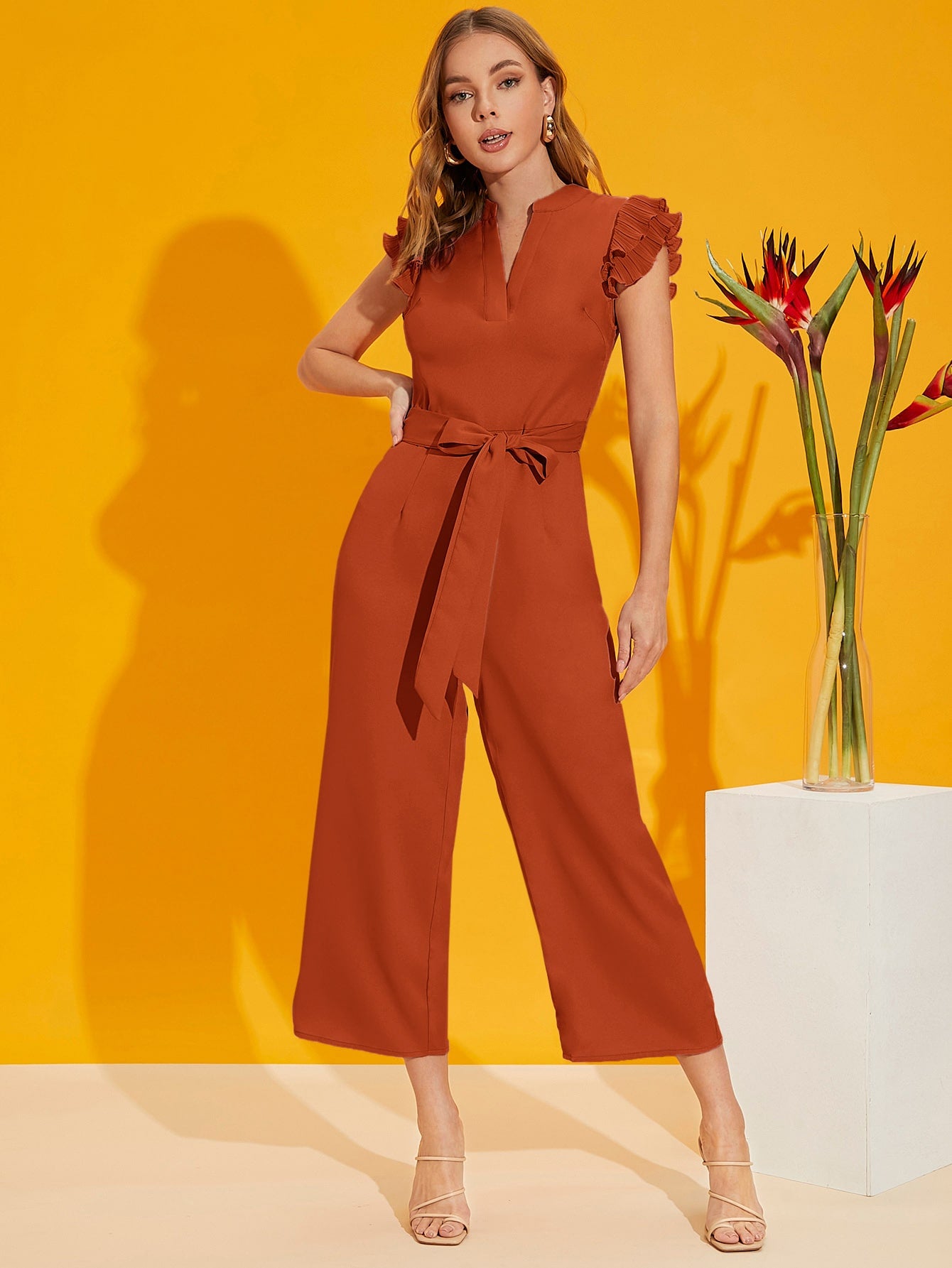 Privé Layered Pleated Sleeve Belted Jumpsuit